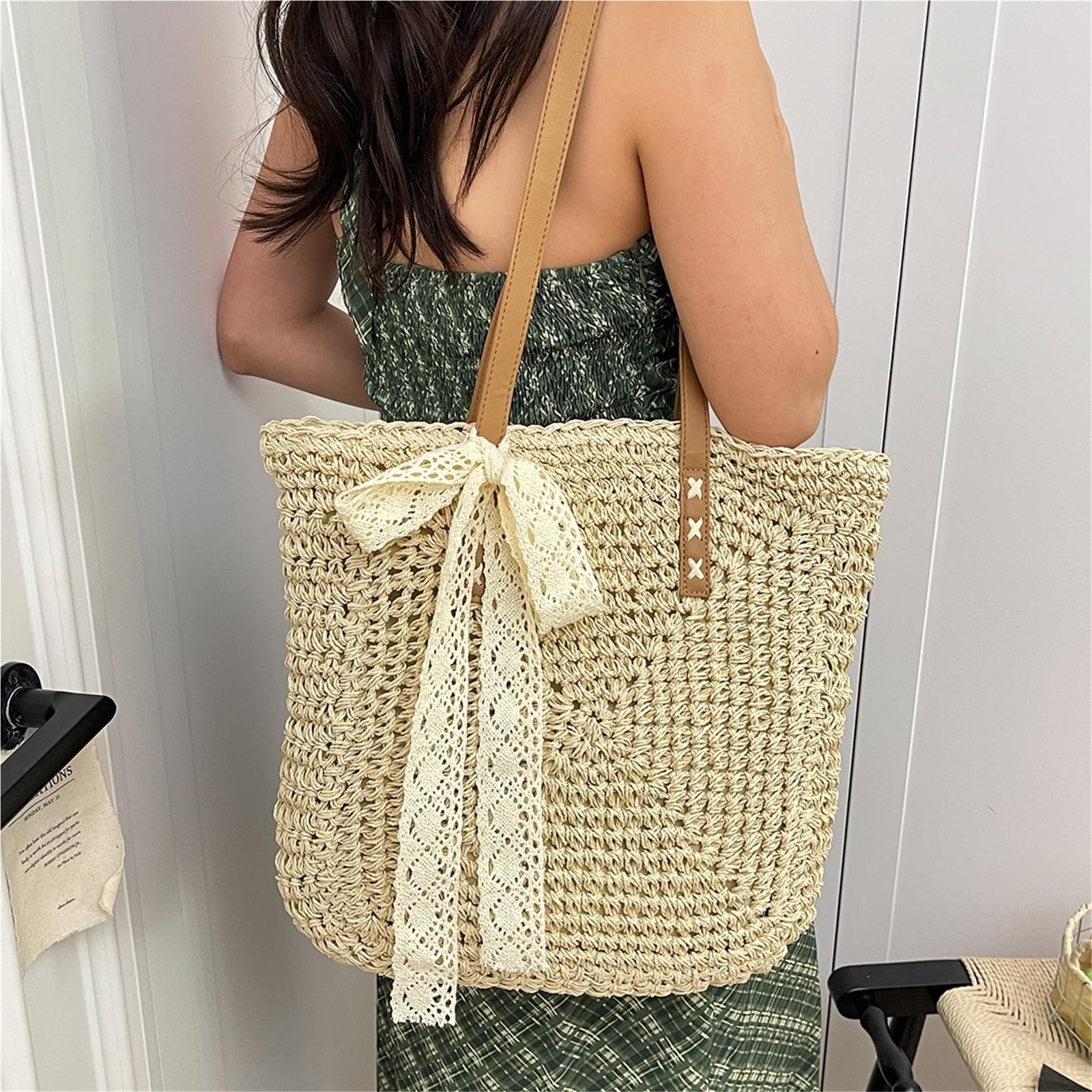 borsa donna estiva Borsa for la spesa a spalla intrecciata in paglia casual da donna di grande capacità spiaggia