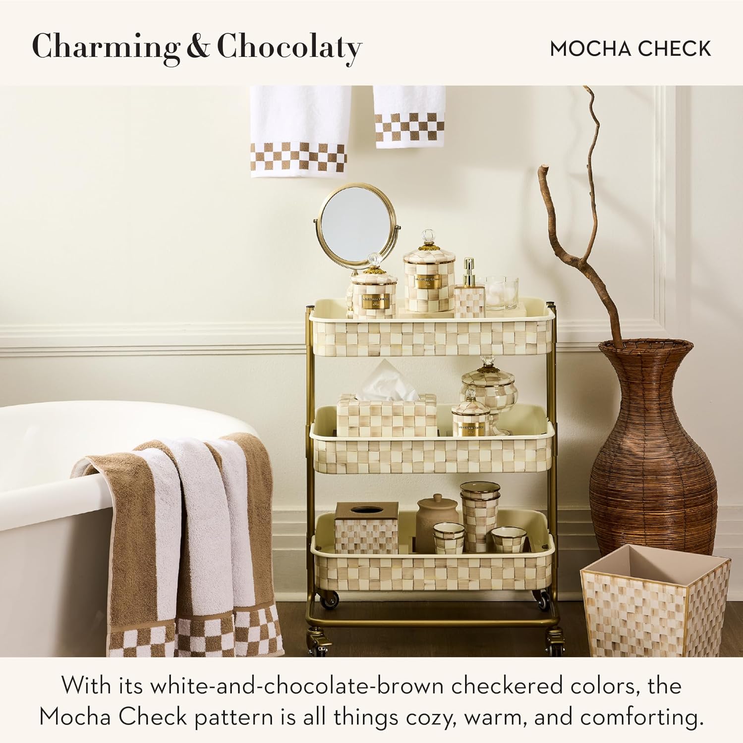MACKENZIE-CHILDS Hand Towel, Cute Decorative Hand Towel for Bathroom and Kitchen, Brown-and-White Mocha Check Border