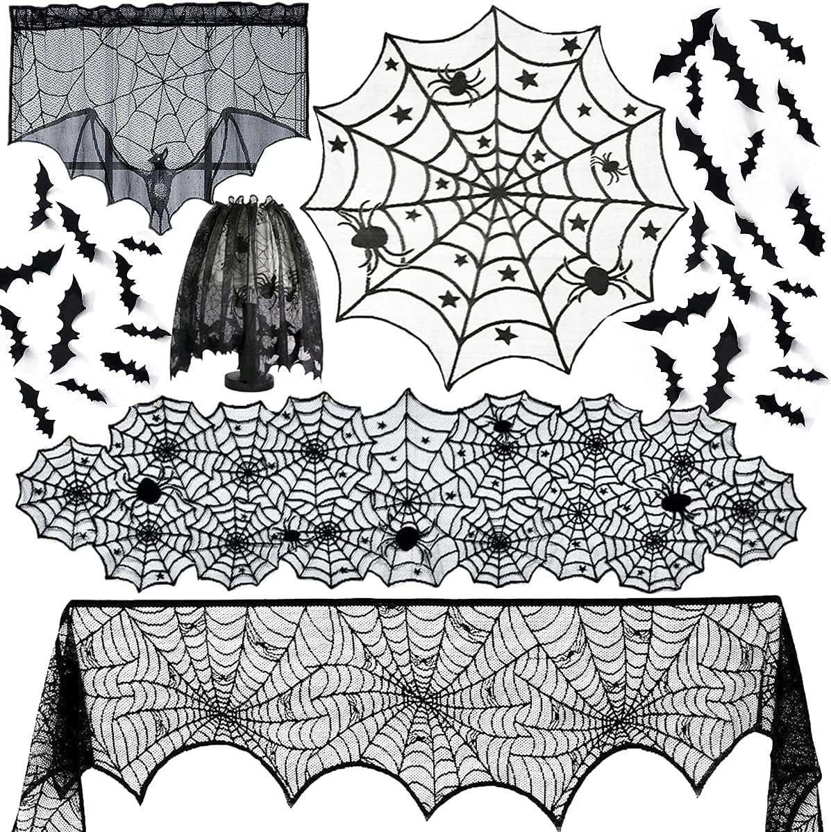 Anditoy 6 Pack Halloween Decorations Sets Spider Webs Tablecloth Fireplace Scarf Runner Round Cobweb Table Cover Lampshade Door Curtain with 24pcs 3D Bats for Halloween Decor Indoor Party Supplies