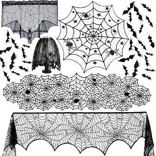 Anditoy 6 Pack Halloween Decorations Sets Spider Webs Tablecloth Fireplace Scarf Runner Round Cobweb Table Cover Lampshade Door Curtain with 24pcs 3D Bats for Halloween Decor Indoor Party Supplies