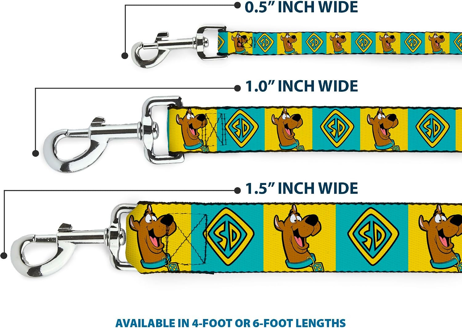 Scooby Doo Pet Leash, Dog Leash, Scooby Doo Pose and Dog Tag Blocks Yellow Blue, 6 Feet Long 1.0 Inch Wide