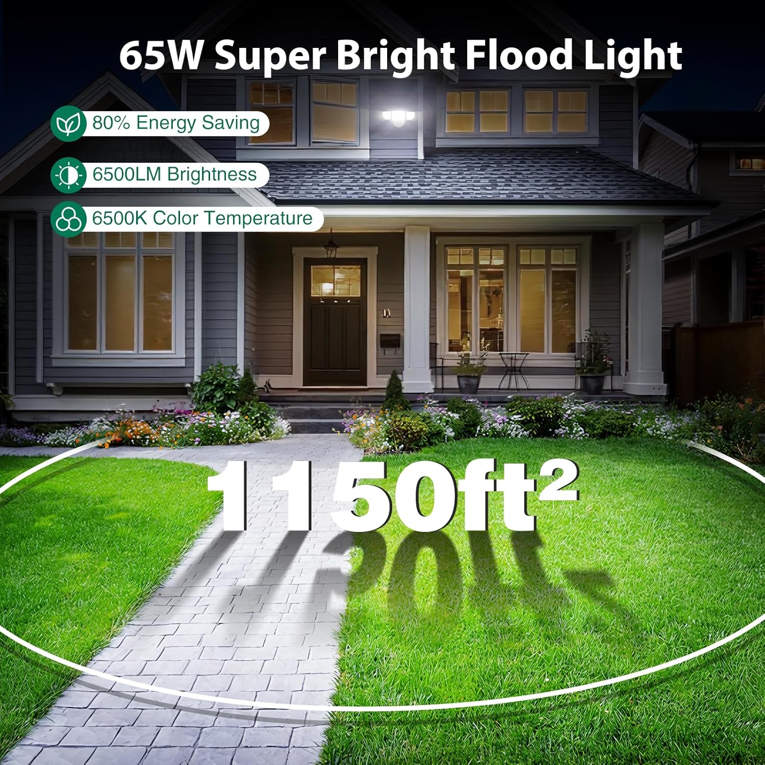 65W LED Flood Light Outdoor, 6500 Lumen Super Bright Security Lights, 3 Adjustable Heads, IP65 Waterproof, 6500K Daylight Wall Mount Outdoor Flood Light for Yard, Garage