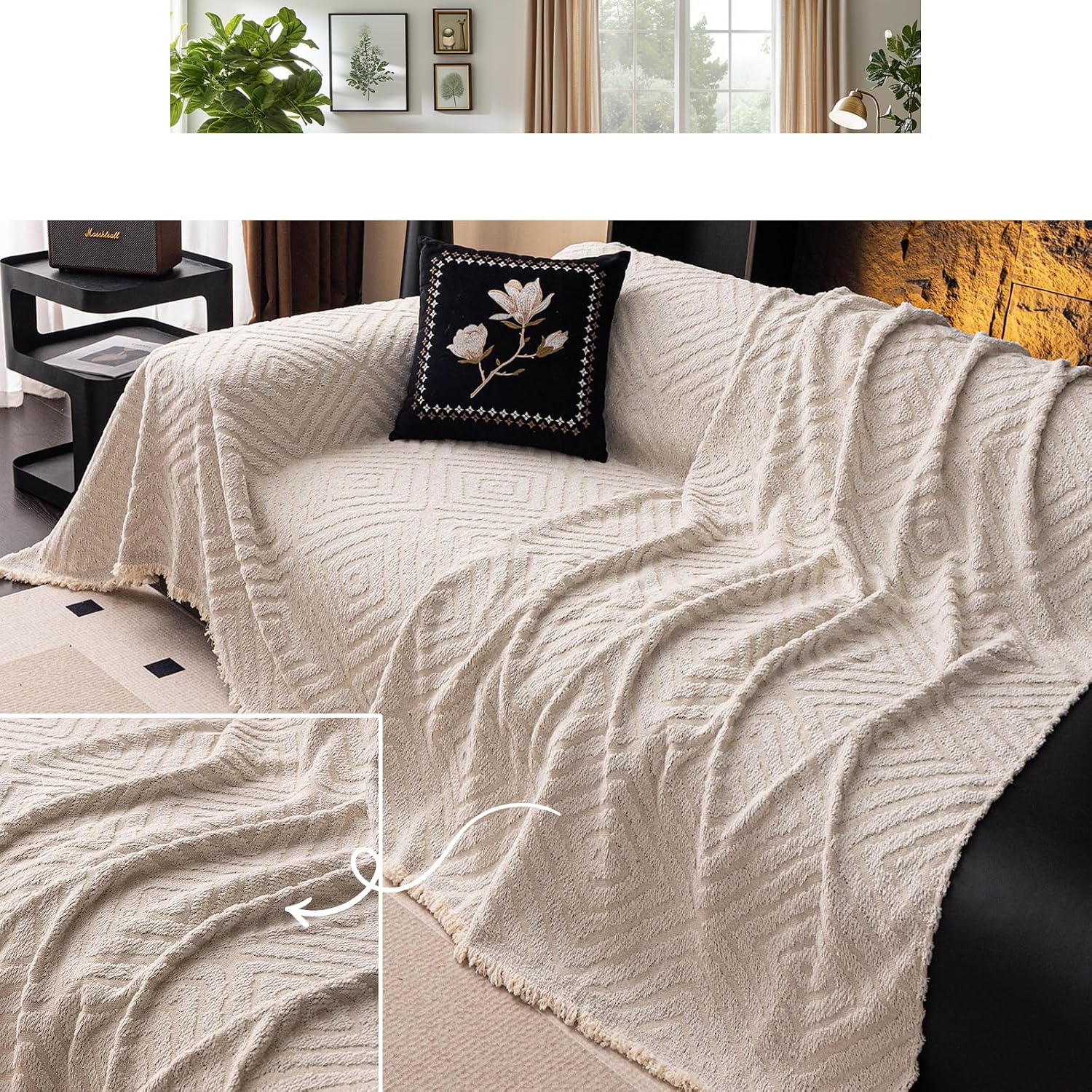 ROOMLIFE Couch Cover 3 Cushion Sofa, Washable Non Slip Furniture Sofa Protector Cover, Soft Chenille Sofa Slipcovers Sectional L Shape Dogs Couch Cover Throw Blanket with Tassels 71''X118''