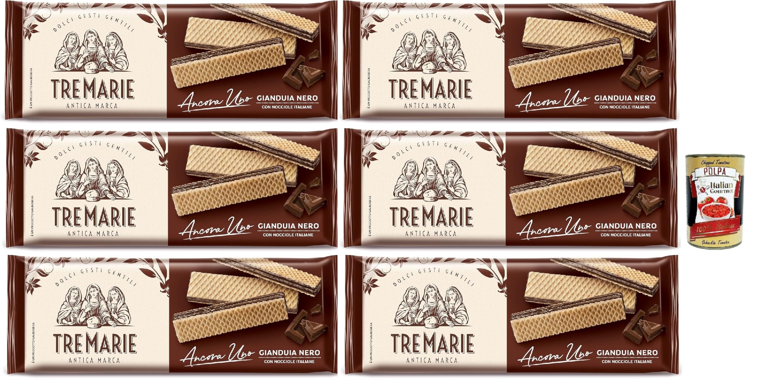 Tre Marie Ancora Uno Wafer Gianduia Nero mit Gianduja-Creme Produkt erhalten von Piemont Haselnuss IGP 6x 140g + Italian Gourmet polpa 400g