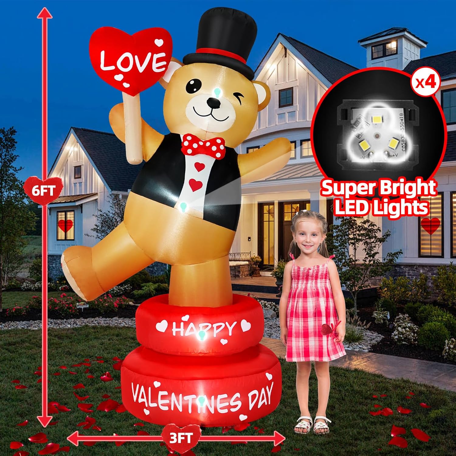 B&D 6FT Valentine Inflatables Outdoor Decorations, Rotating Valentines Bear Inflatable Stands on The Turntable Built-in LEDs Valentines Blow Up Yard Decorations for Party Wedding Propose Garden Lawn