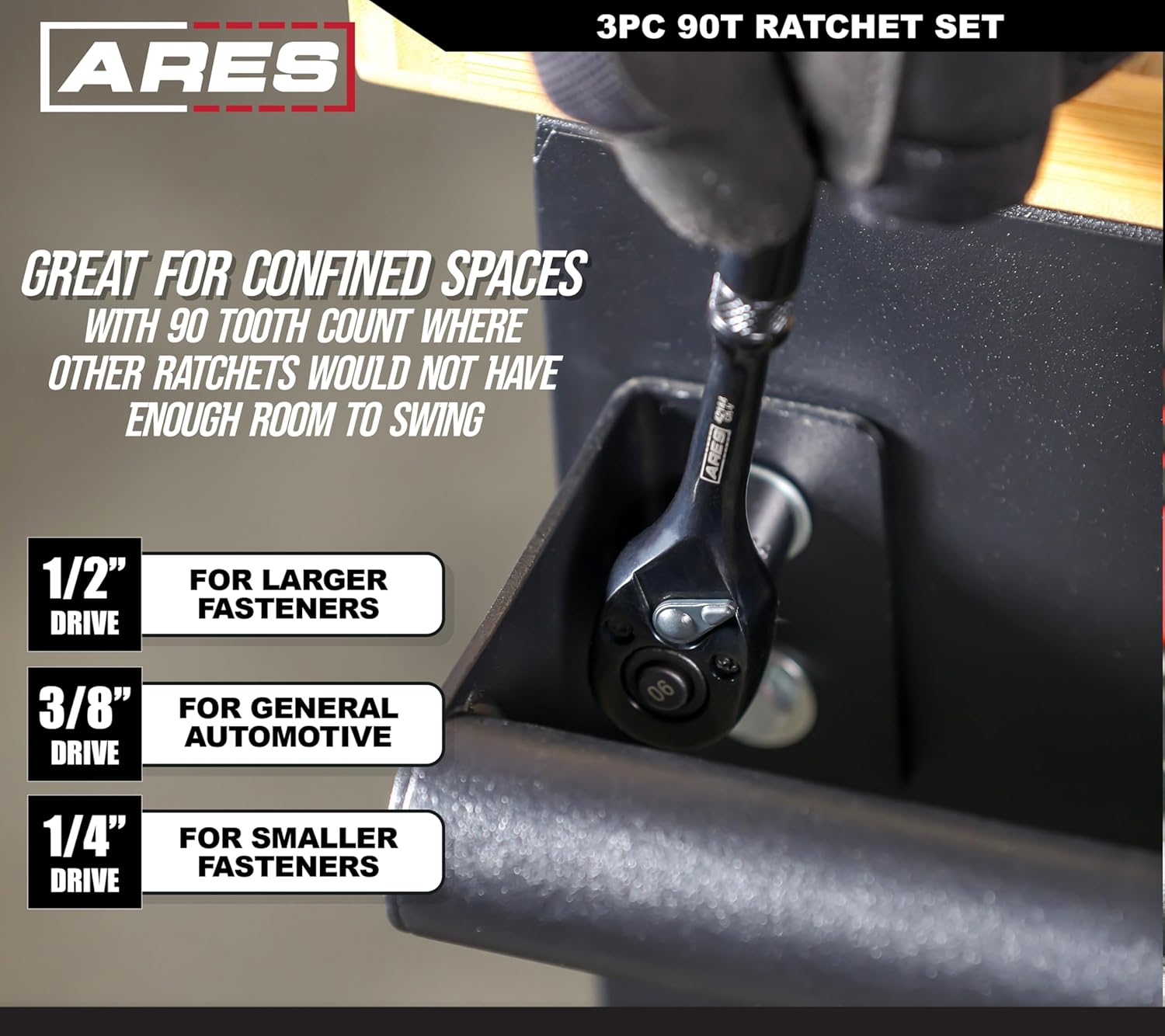 ARES 42143-3-Piece 90 Tooth Ratchet Set - Chrome Vanadium Steel, Black Oxide Finish - Quick Release for Easy Socket Change - Reversible Design - 4 Degree Swing – Automotive Ratchet Set