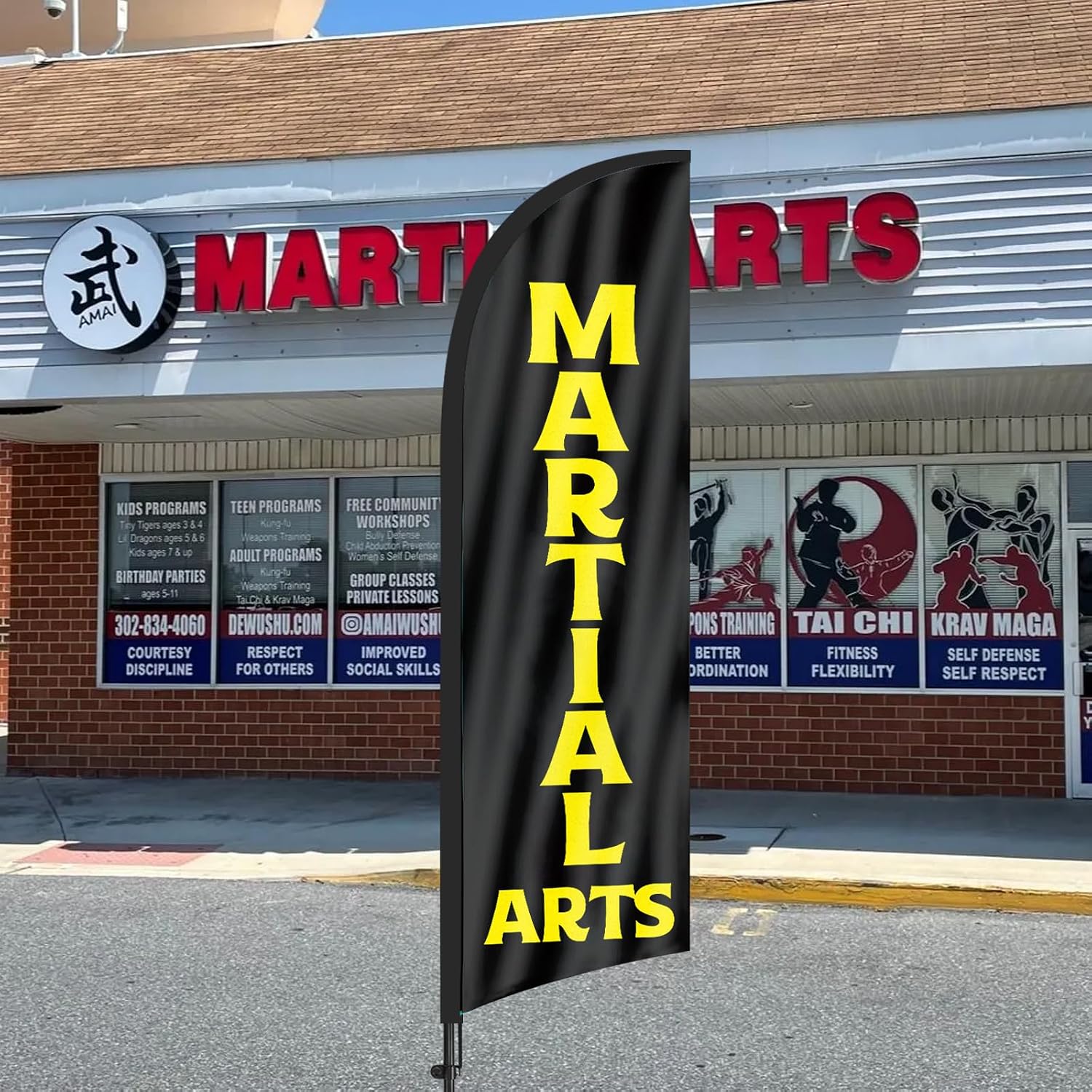 Martial Arts Advertising Swooper Flag, Martial Arts Feather Flag with Flag Pole and Ground Stake, Advertising Feather Banner Sign for Martial Arts Business 8FT