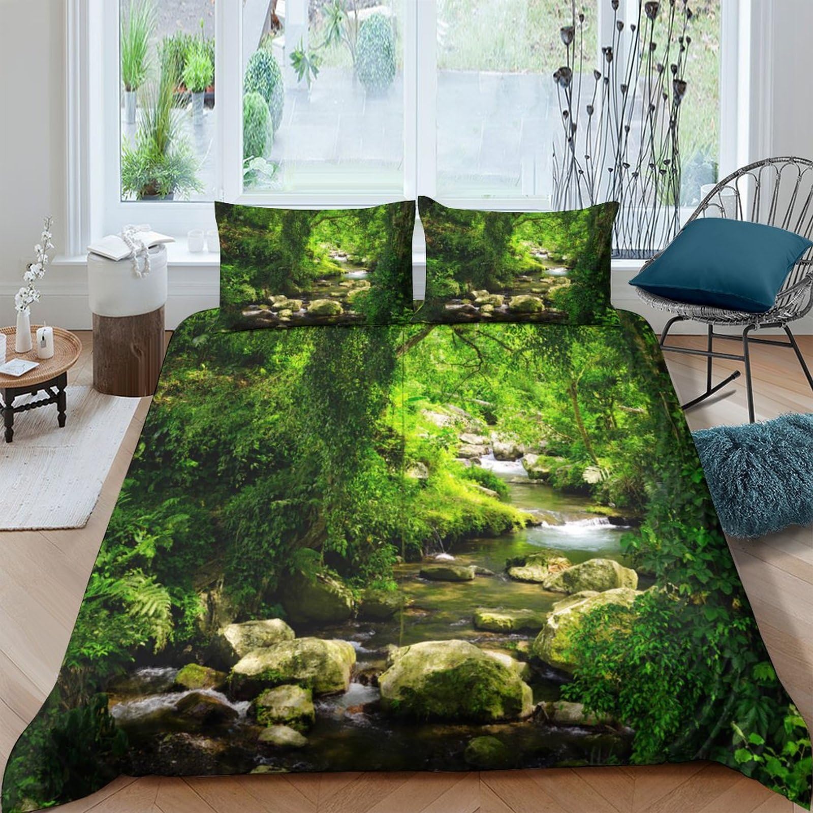 Ctjqhvkz Style-10 3D Printed Forest Stream Fitted Sheet Microfiber Anti-Slip Bed Cover Nature River Bedroom Decor Machine Washable Single（135X200cm）
