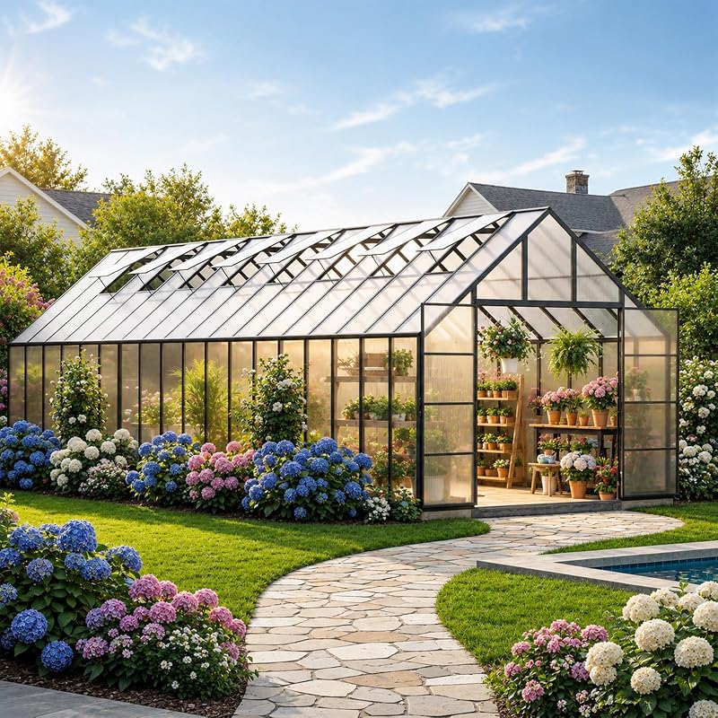 WACASA 36x10x10 FT Polycarbonate Greenhouse with 8 Roof Vents | 4 mm twin-wall panels, aluminum frame, 8 roof vents, swing door, side rain gutters and 36 FT growing space