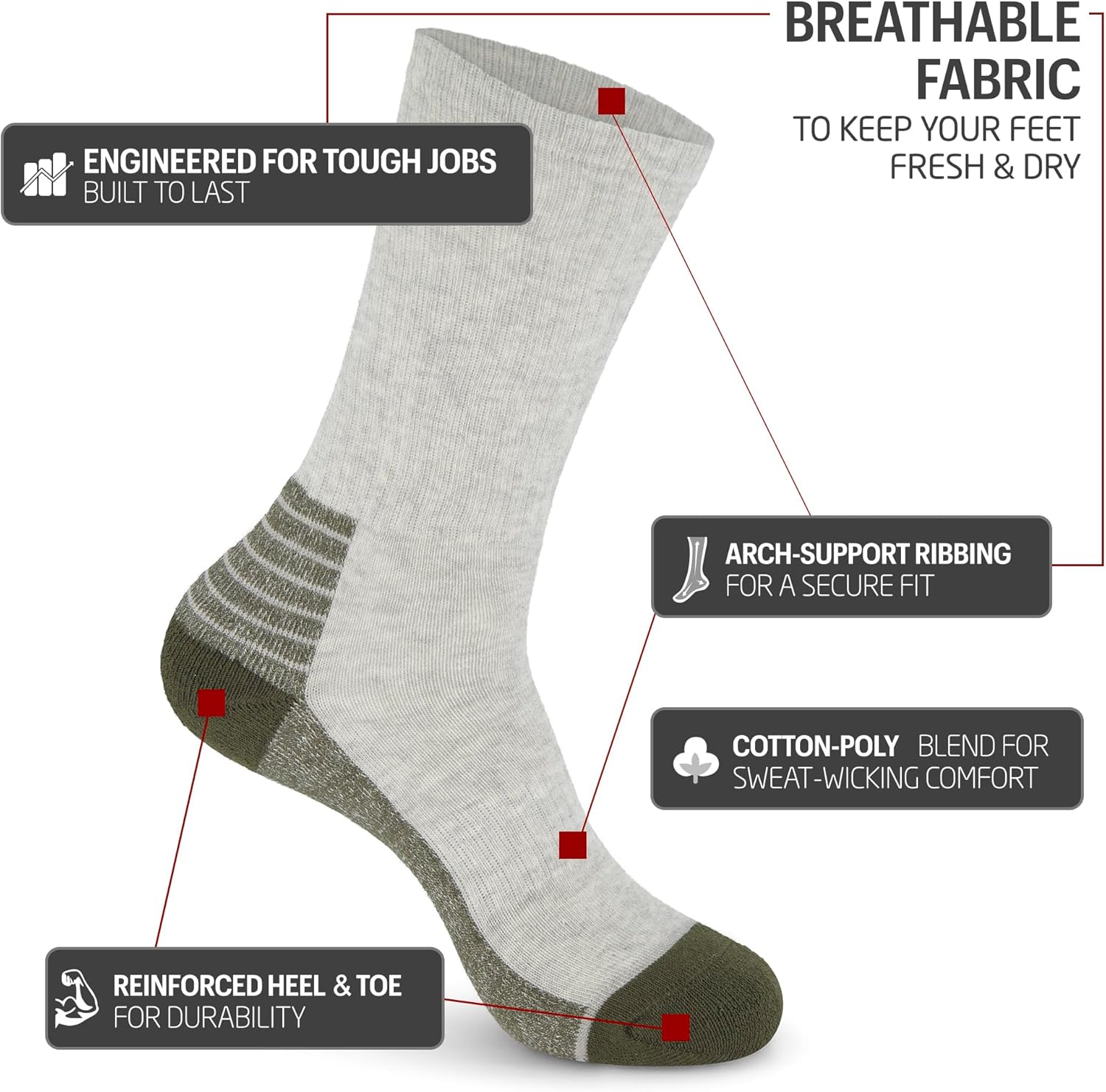 HOT FEET Work Socks for Men, Long All Weather Boot Crew Cotton Socks, Cushioned, Moisture Wicking, Stocking Stuffers