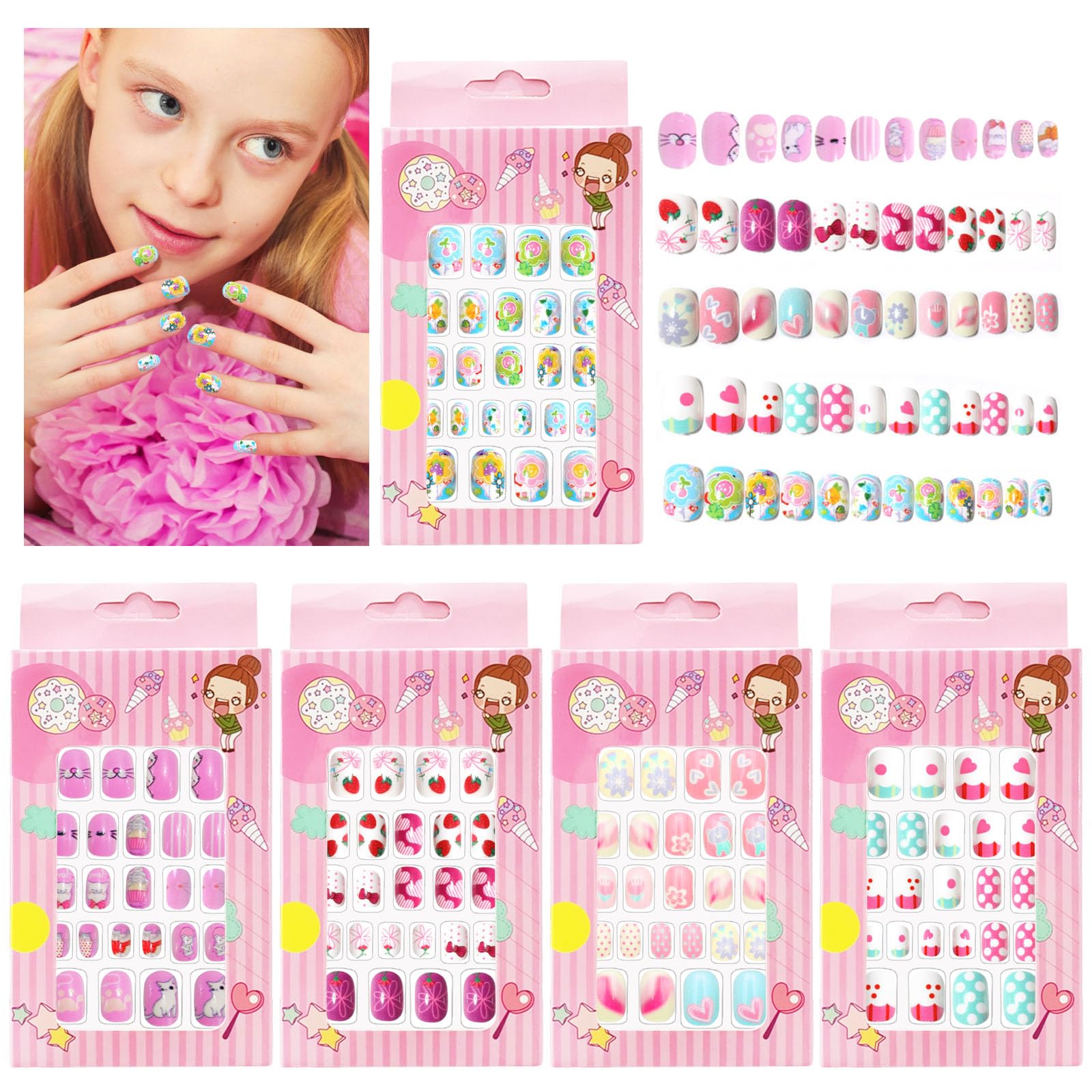 ZOCONE 120 Uñas Postizas para Niñas Puntas de Uñas Postizas Cortas Niña Uñas Artificiales Postizas Uñas Falsas de Niños Decoración Uñas Niñas 5 Cajas Regalos para Niñas (D)