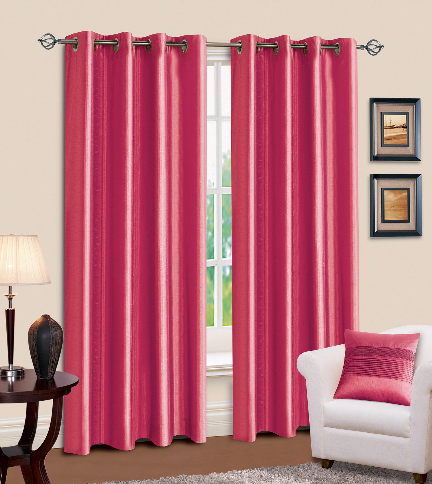 Faux Silk 66" x 90" Curtains Pink Fuchsia Ring Top Eyelet Readymade Fully Lined