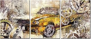 LevvArts 3 Piece Rustic Car Canvas Wall Art Old Car with Mechanical Gear Painting Poster Prints Cool Artwork for Man Cave Boys Bedroom Home Office Decoration (Yellow, Small)