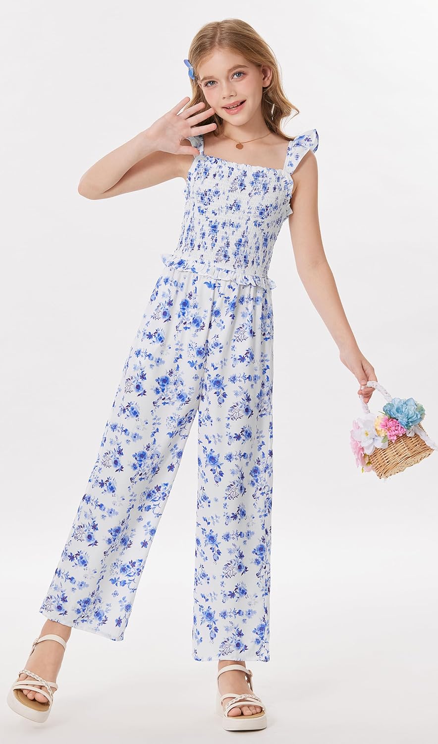 GRACE KARIN Girls Romper Fashion Floral Jumpsuit Summer Casual Ruffle Wide Leg Pants One Piece Outfits 7-14 Years - Image 3