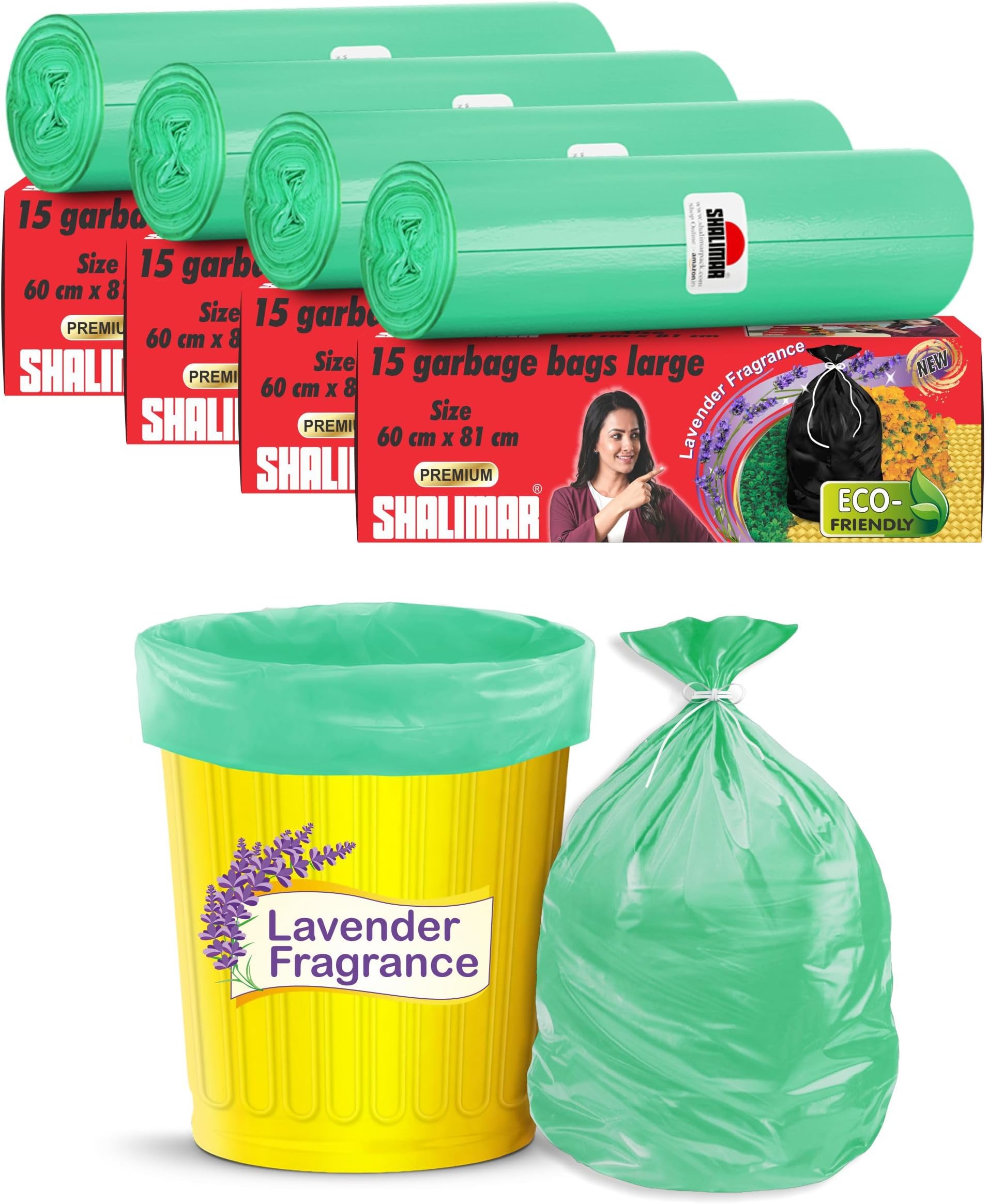 Shalimar Premium (Lavender Fragrance) Scented Garbage Bags | Large 24 X 32 Inches | 60 Bags (15 Bags X 4 Rolls) | Dustbin Bag/Trash Bag | (Green) - Perforated Box for Easy Dispensing