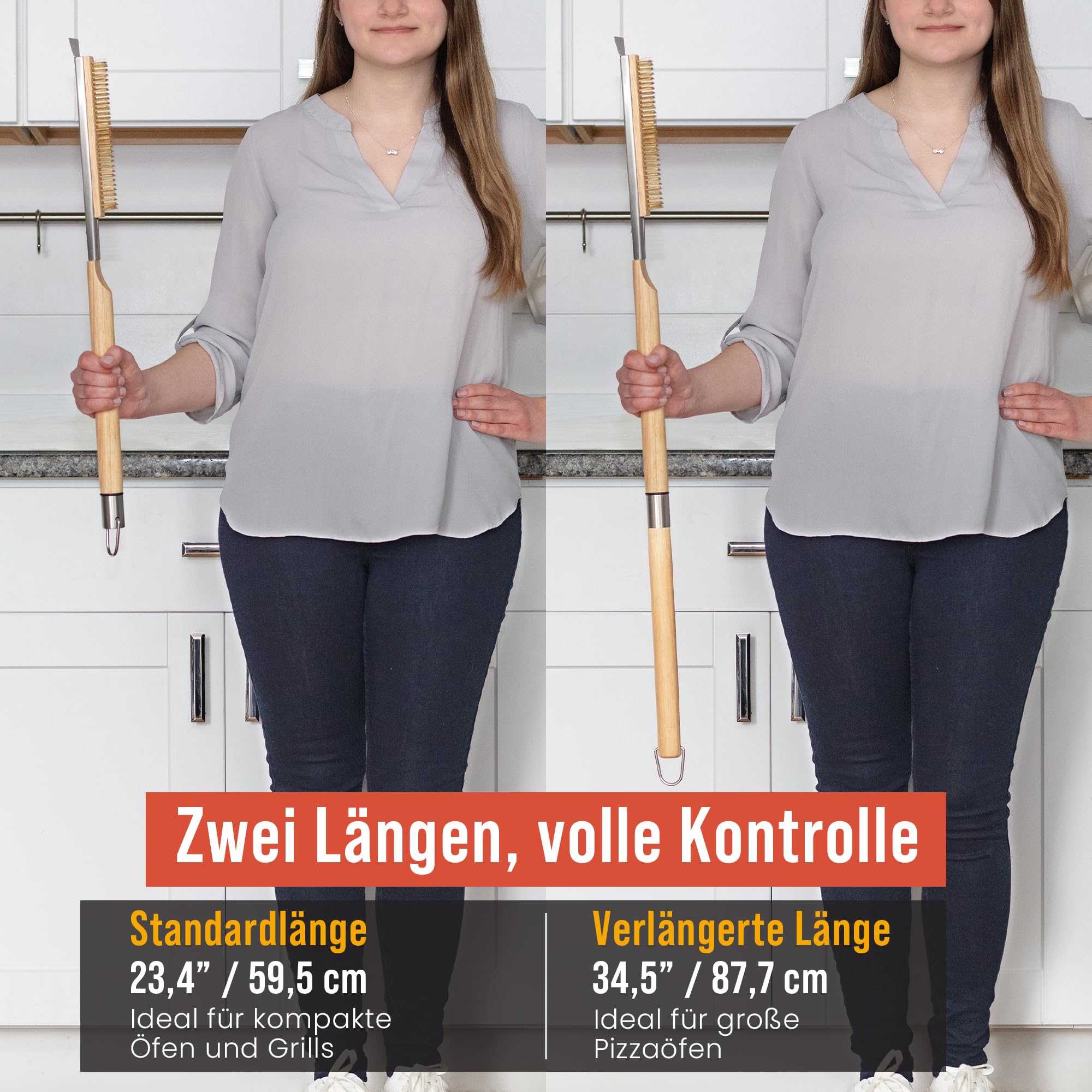 Chef Pomodoro Pizzaofen-Bürste mit Schaber – Verstellbarer Griff (55cm bis 87.7cm), Pizzastein-Bürste, Reinigungsbürste für Pizzaöfen, Outdoor-Pizzaöfen, BBQ-Grills und Öfen
