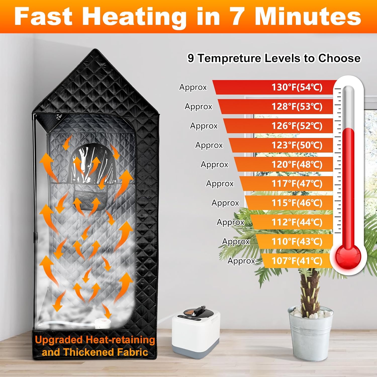 Temperature levels chart for the sauna steamer