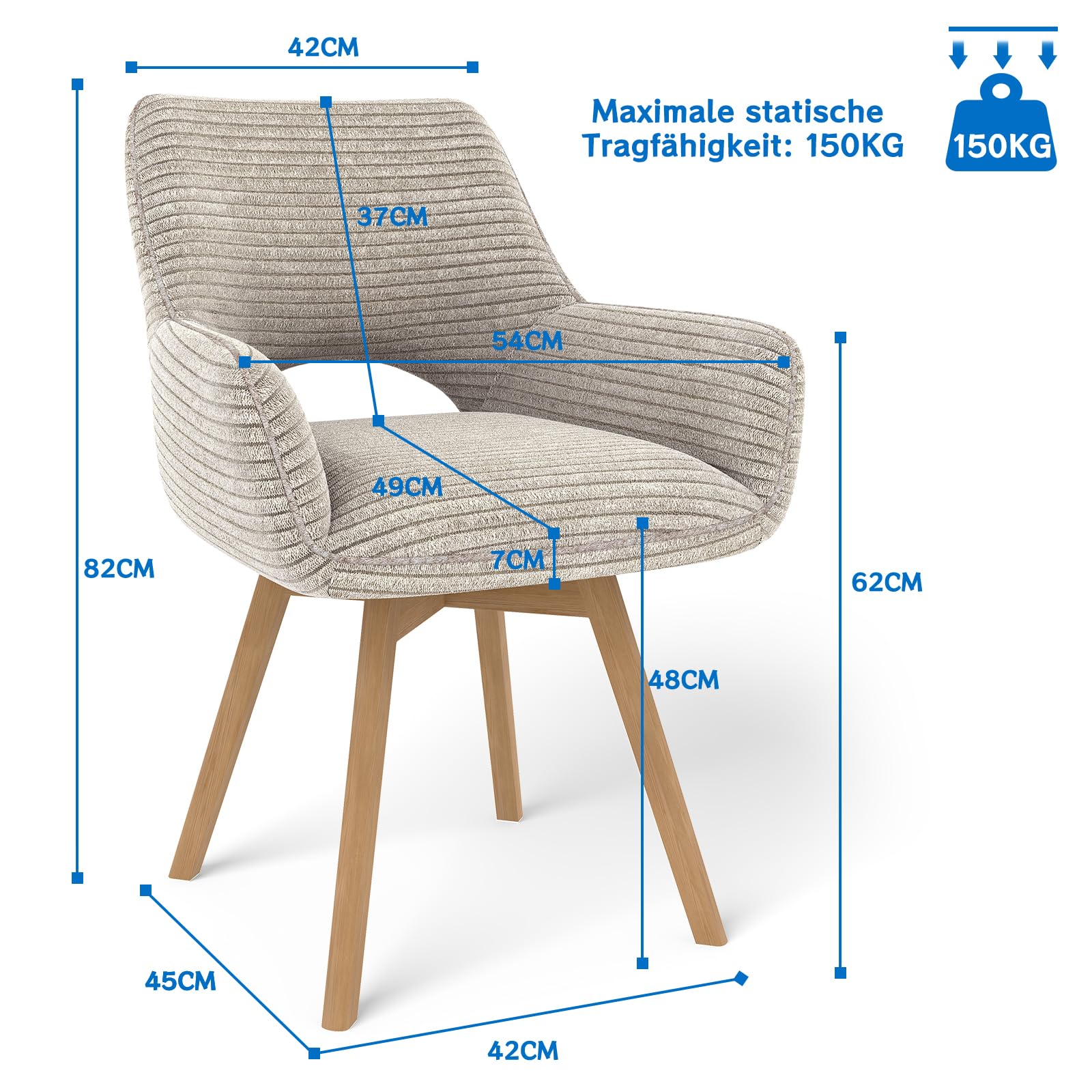 JIJIAN 6er Set 360° Drehbare Esszimmerstühle mit Armlehnen, Taupe | Drehbar Stühle Esszimmer mit Holzbeinen, Moderner Küchenstuhl aus Cord, Polsterstuhl für Esszimmer, Küche, Wohnzimmer