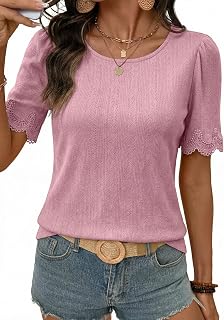Dokotoo Womens Summer Tops 2026 Hollow Out Lace Trim Short Sleeve T-Shirts Crewneck Casual Lightweight Basic Tee Blouses