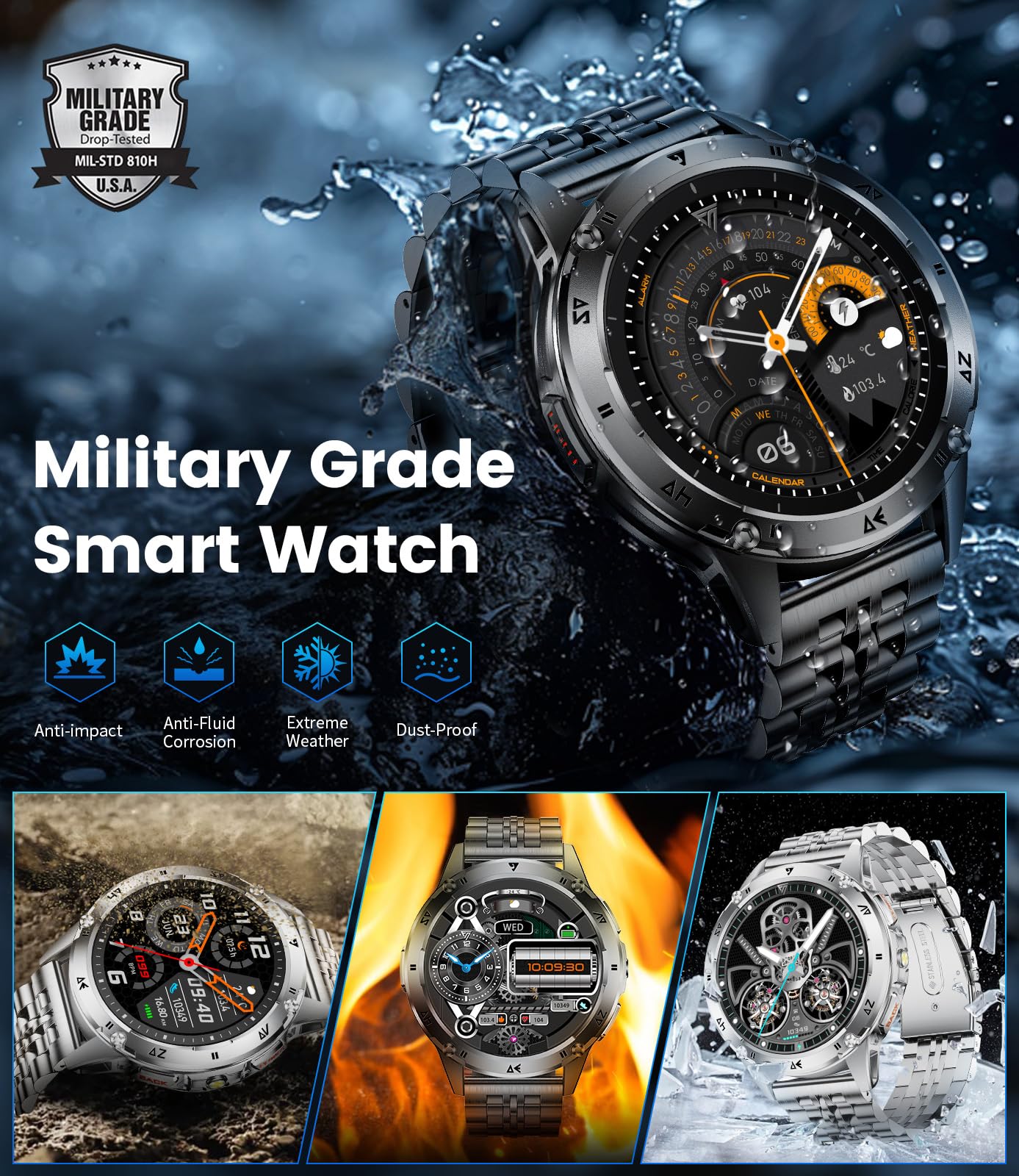 Smartwatch Uomo, Chiamate Bluetooth, 1,43" AMOLED Display Orologio Fitness e Torcia a LED, 110+ Modalità Sportive, Monitoraggio della Frequenza Cardiaca/Sonno, IP68, Android e iOS, Nero Acciaio