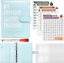 100 Envelope Saving Challenge, Sparbuch für Geld Challenge, A5 Geld Sparen Challengers Geldsparmappe, mit 3 Speicherkarten & Aquarellstift, Sparbuch für Haushaltsgeld Sparchallenge (Blau)