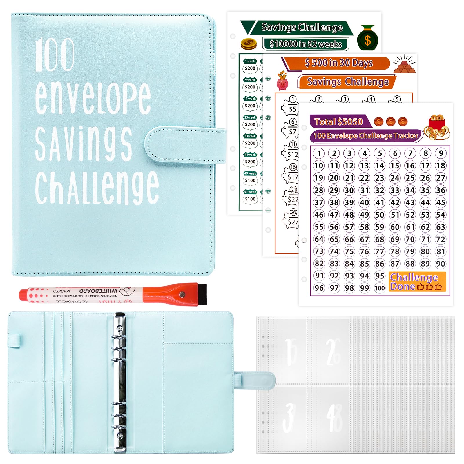 A5 Classeur Budget avec 100 Enveloppes, Planificateur Épargne, Bleu