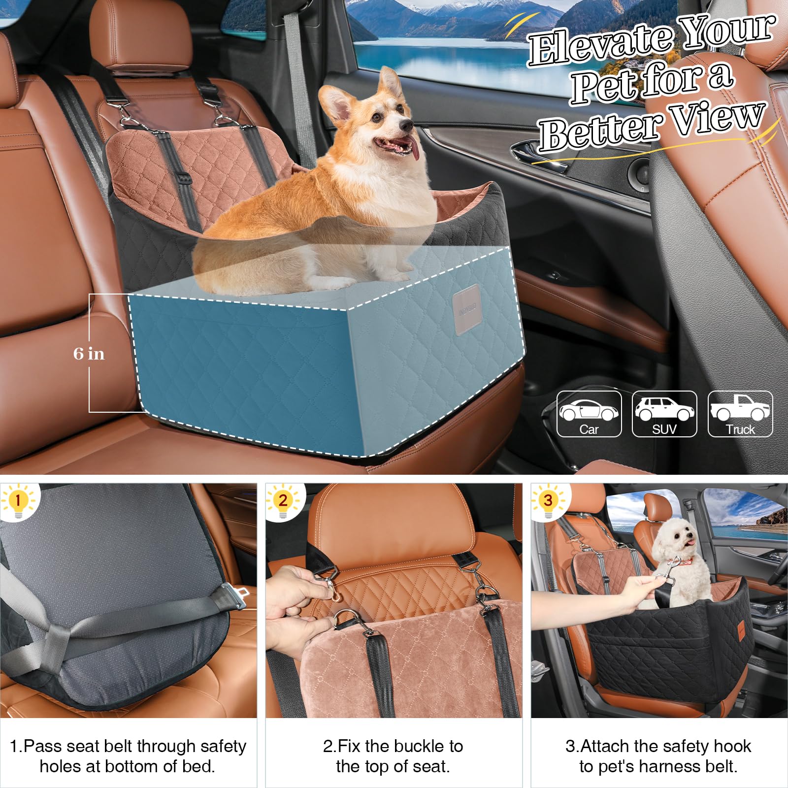 Dog Car Seat for Small/Medium Dogs, Memory Foam Dog Booster Seat, Travel Safety Pet Car Seat with Washable Removable Cover, Storage Pockets for Dogs up to 35 lbs((Black/Brown, Medium) - image 6