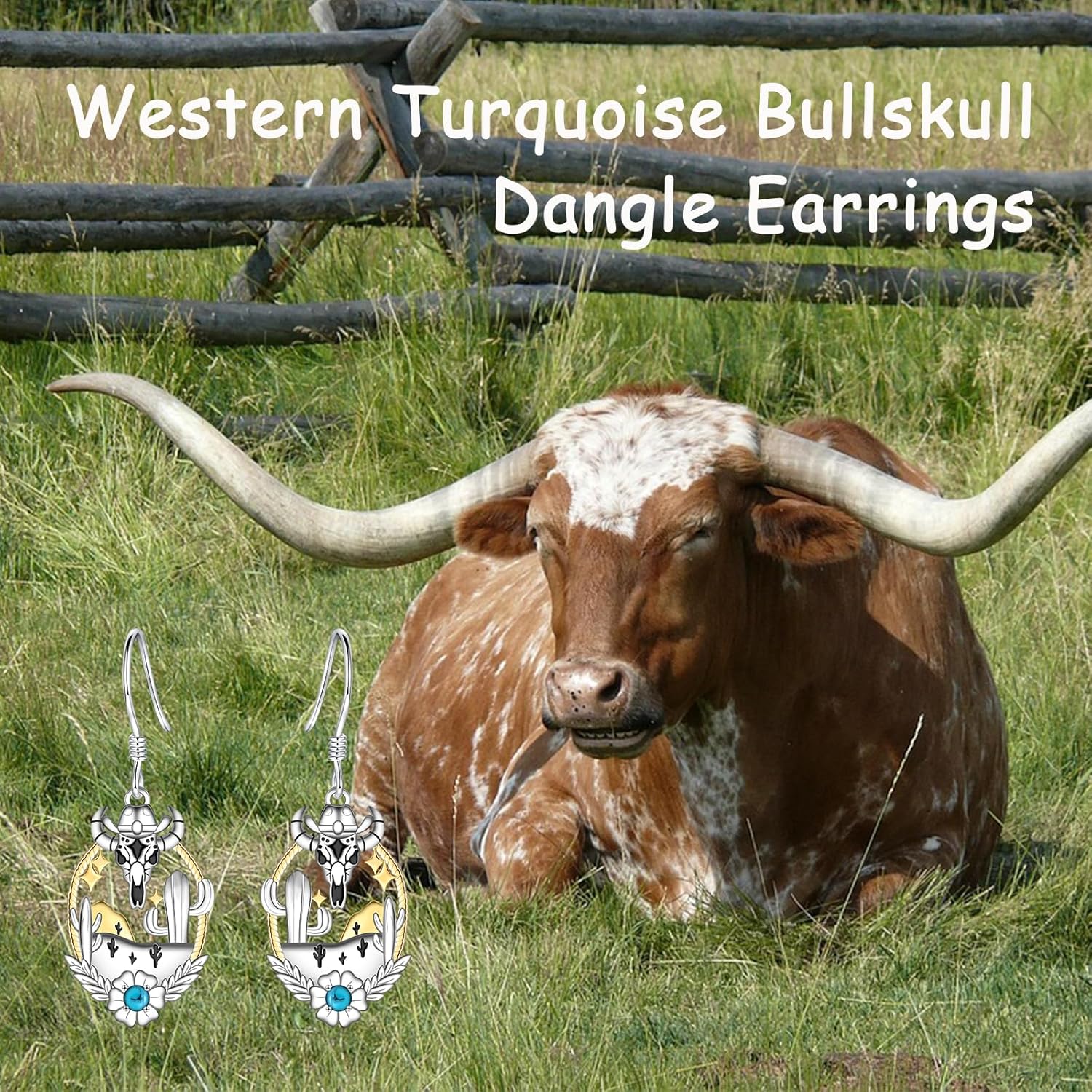 Western Cow Dangle Earrings - Silver Turquoise Western Cow Skull Dangle Drop Cactus Earrings for Women Turquoise Jewelry Gifts for Bullskull Enthusiast - Image 3
