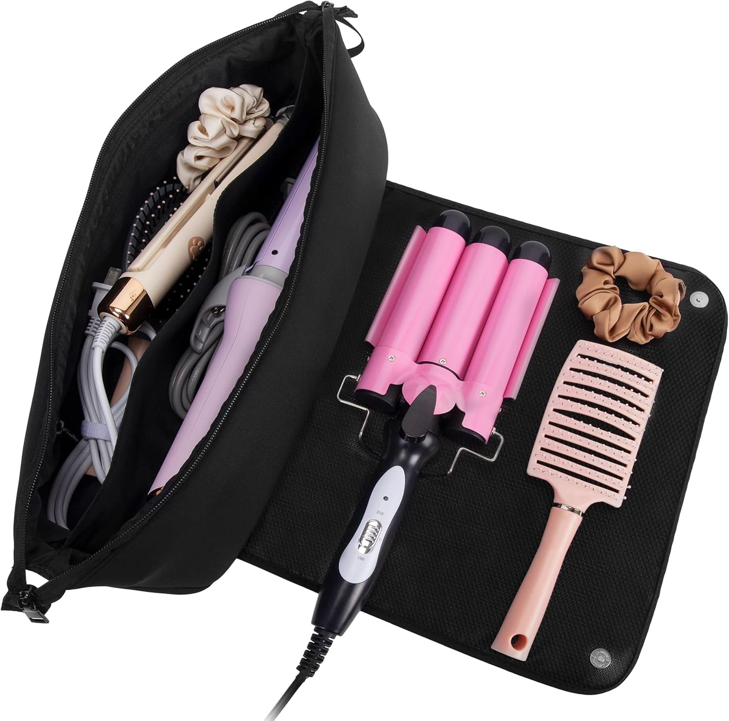 Aerotrunk Hair Tools Organizer - Hot Hair Tools Travel Bag with Heat Resistant Mat, Large Capacity Pouch for Flat Irons, Curling Wands, Hair Dryers - Black - Image 6