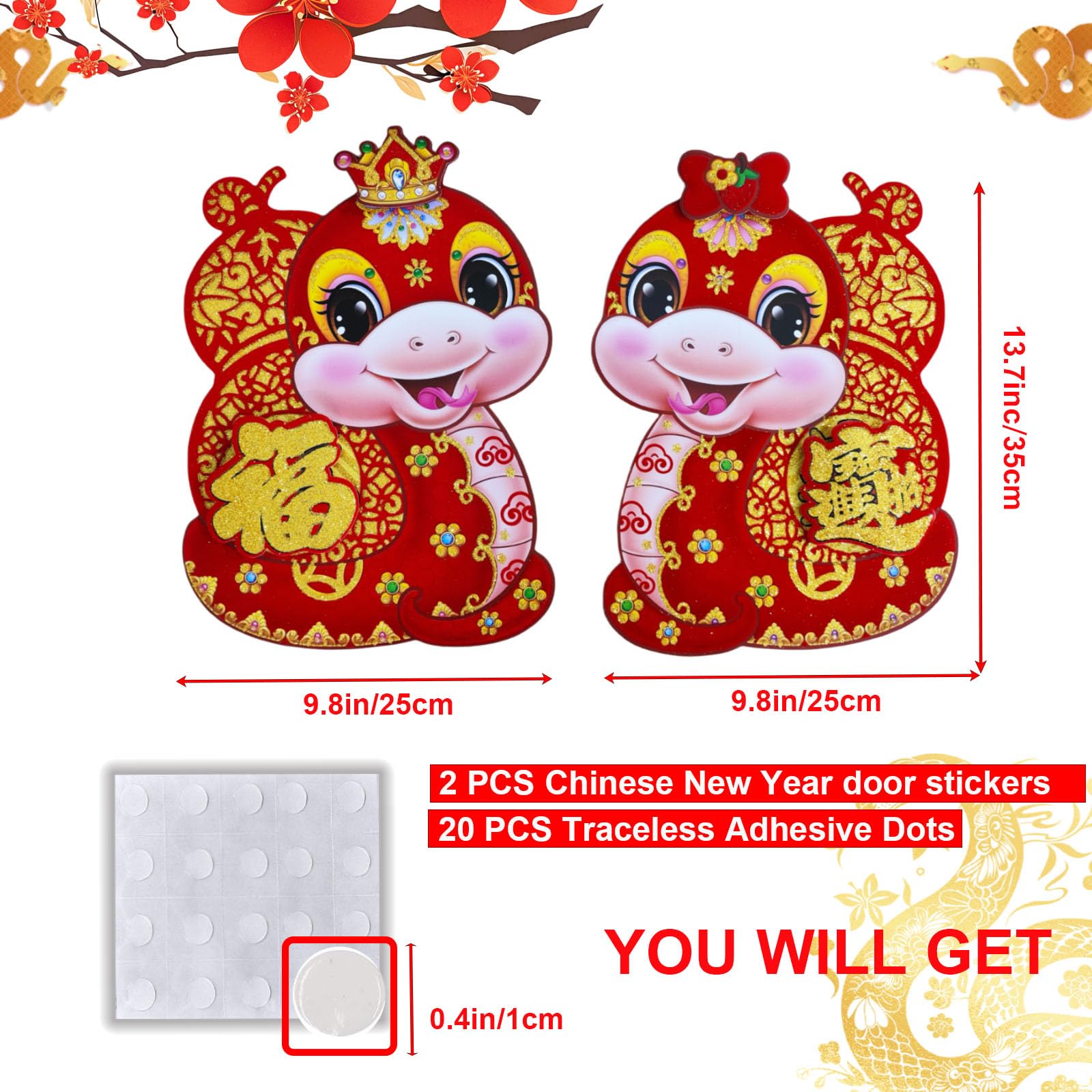 2 PCS Chinese New Year Decorations 2025, Lunar New Year Zodiac Snake Door Sticker Decorative Couplet for Home Restaurant Store Party, Spring Festival Window Cling Decal for Wall Closet(13.7x9.8in)