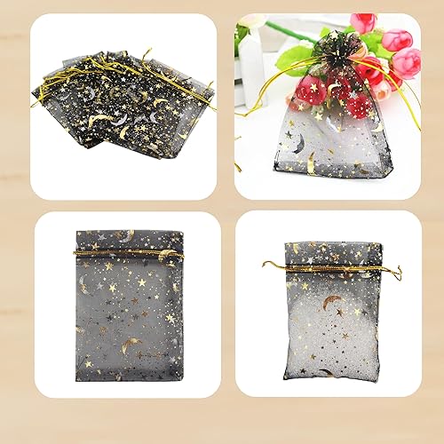 Miniatura 4 de QIANHAILIZZ - 100 bolsas de organza con diseño de estrellas y lunas para joyas, para regalo de caramelos, regalo de matrimonio, con cordón ajustable.