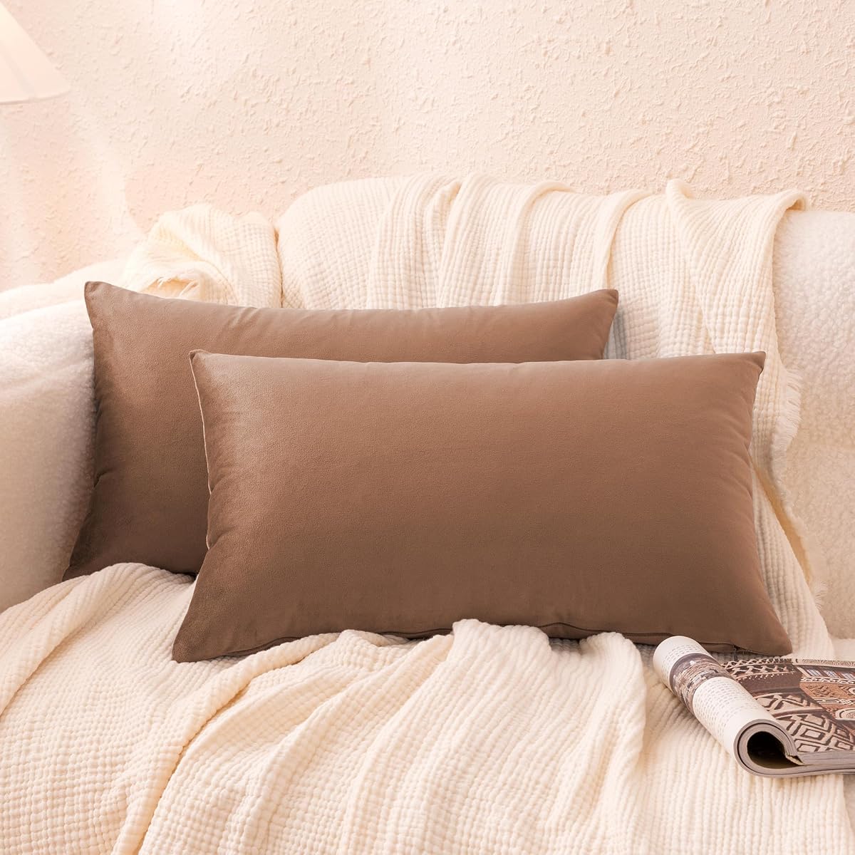 Amazon Basics Velvet Lumbar Throw Pillow Covers, Soft Decorative Square Cushion Cases Modern Home Decor for Sofa, Couch, Bed, 20 × 12in, Brown, Pack of 2