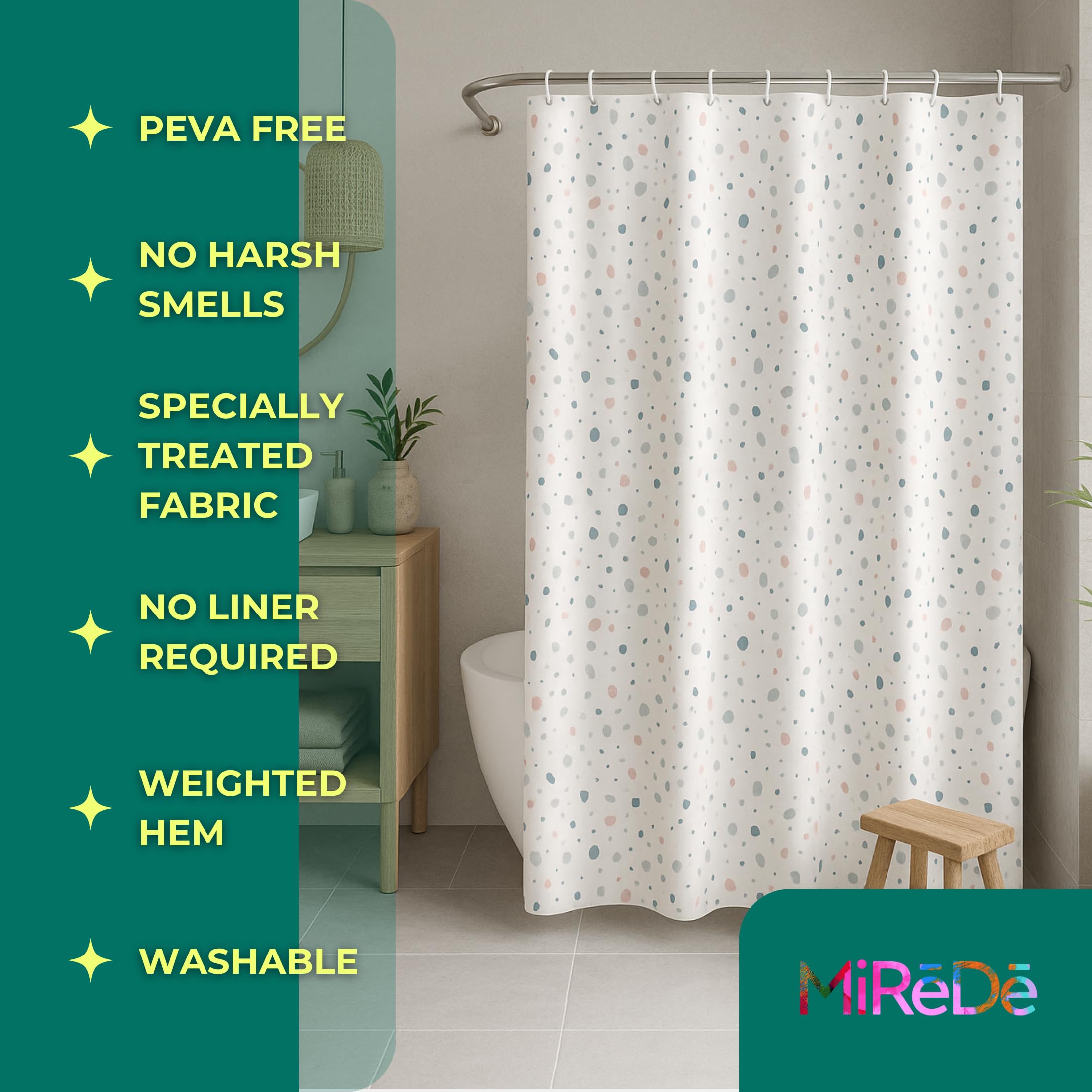MiReDe Shower Curtain | Waterproof | Weighted Hem | Rust Free Grommets | Washable 72