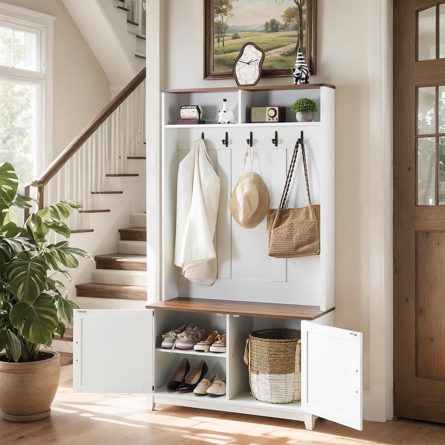 EROMMY 38" Farmhouse Hall Tree with Bench and Shoe Storage, Entryway Bench with Coat Rack, 2 Open Compartments, 5 Coat Hooks, Barn Door & Adjustable Shelf, Rustic White and Brown