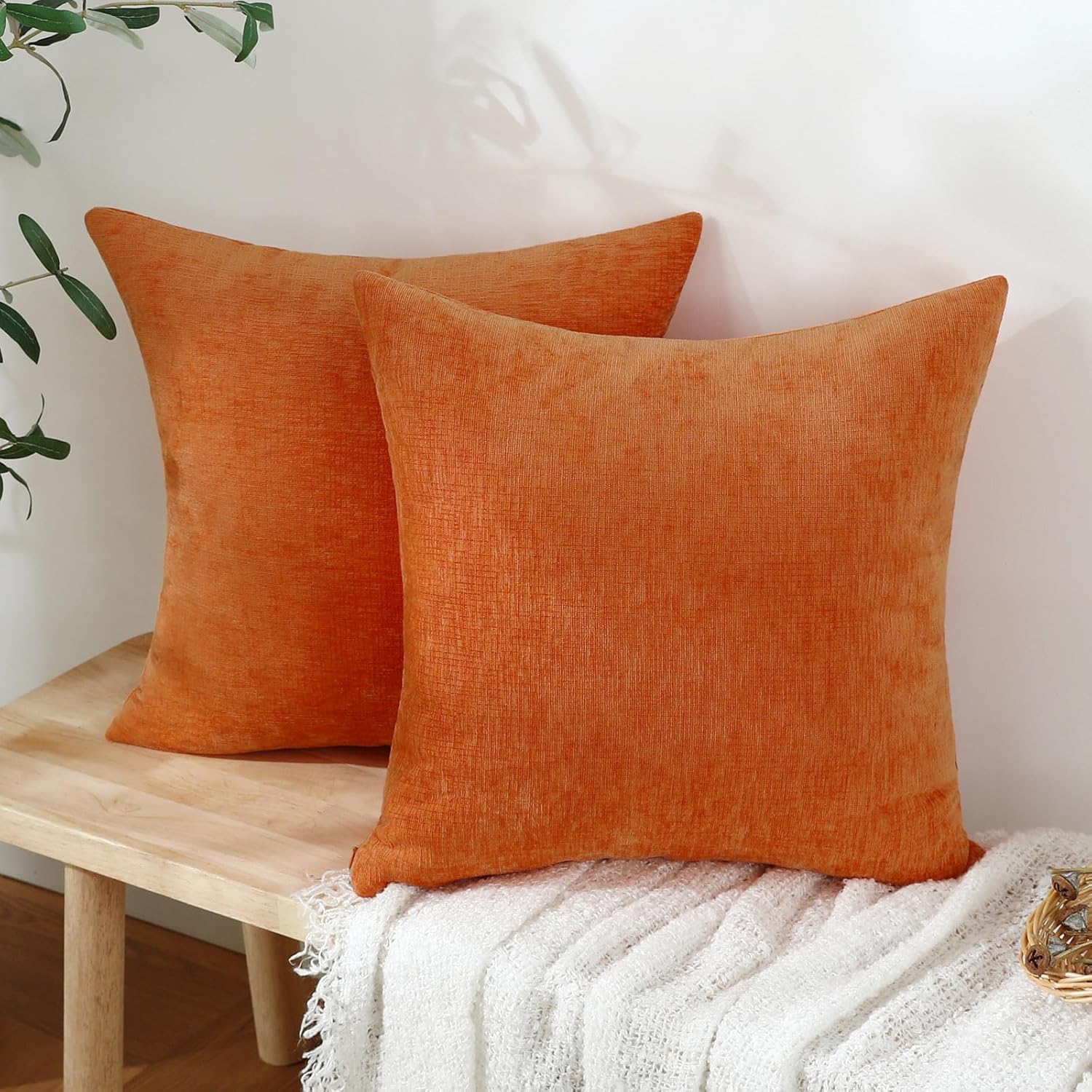 Jeneoo Bright Orange Decorative Throw Pillow Covers Soft Chenille Comfy Square Couch Cushion Cases for Living Room Sofa Decor (Set of 2, 14 x 14 Inches) - Image 2