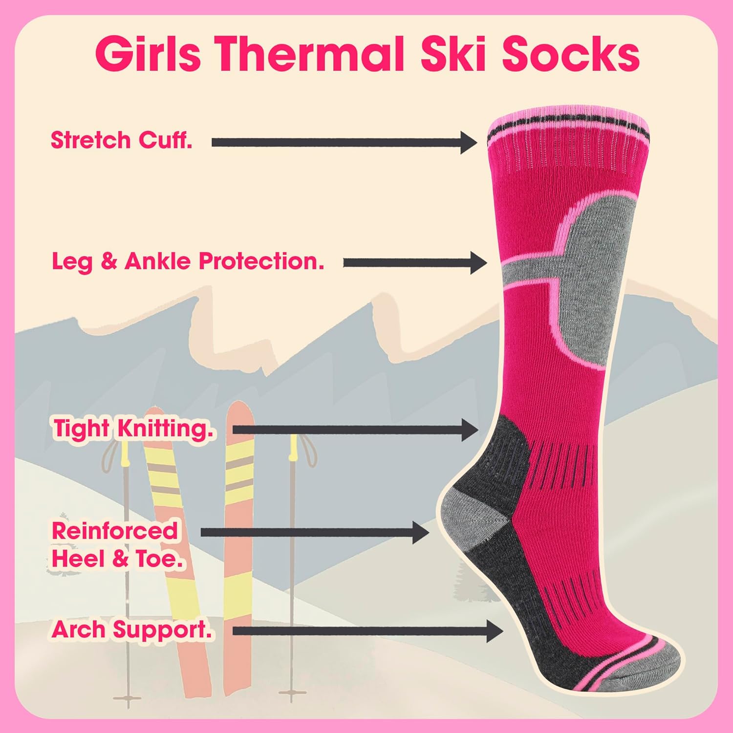 4 Pack Girls Ski Socks | Sock Snob | Thick Thermal Winter Socks for Kids