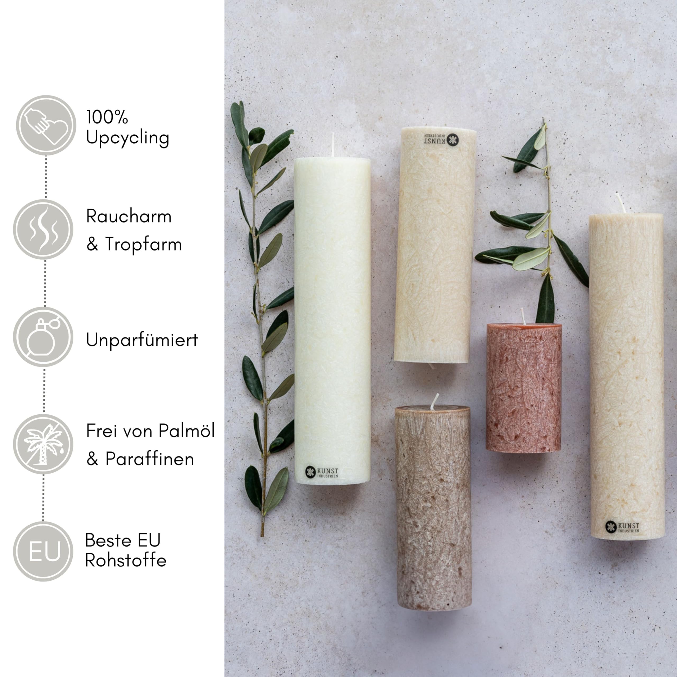 Kunstindustrien® Stumpenkerzen 3er-Set, Handgefertigt in Europa, Vegan– 100% Upcycled Olivenwachs, Kerzen lange Brenndauer 68 Std, Unparfümierte Altarkerzen (3 Stk, Ø 6 cm x H 10, 18, 25 cm, Kastanie)