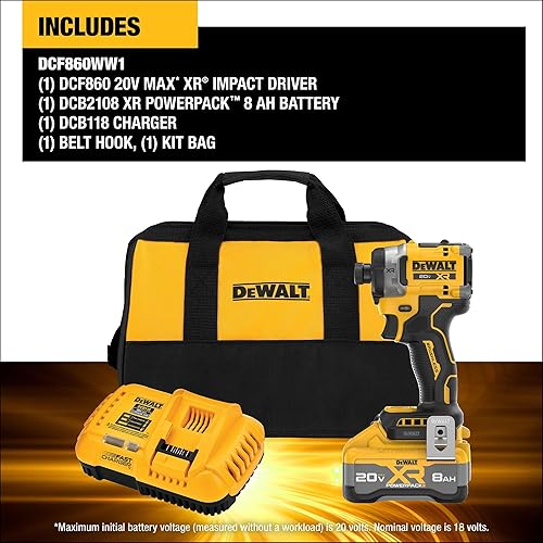 Miniatura 5 de DEWALT Kit de destornillador de impacto inalámbrico de 14 pulgadas MAX XR de 20 V con batería de 8 Ah y cargador (DCF860WW1)