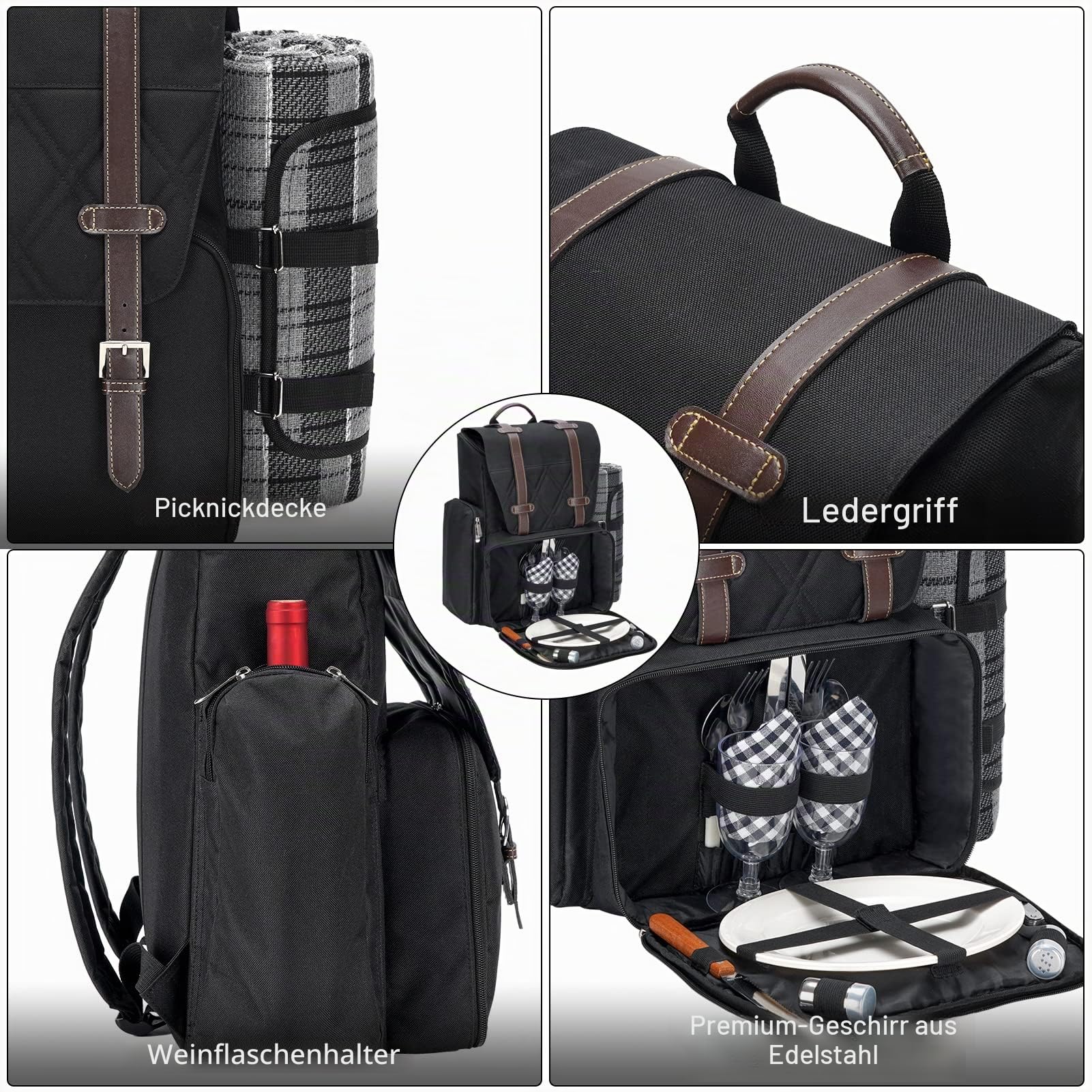 Picknick-Rucksack für 2 Personen mit großer isolierter Kühltasche, Picknickkorb-Set mit Weinbeutel, Party, Hochzeitsgeschenk für Paare. 2P-Schwarz