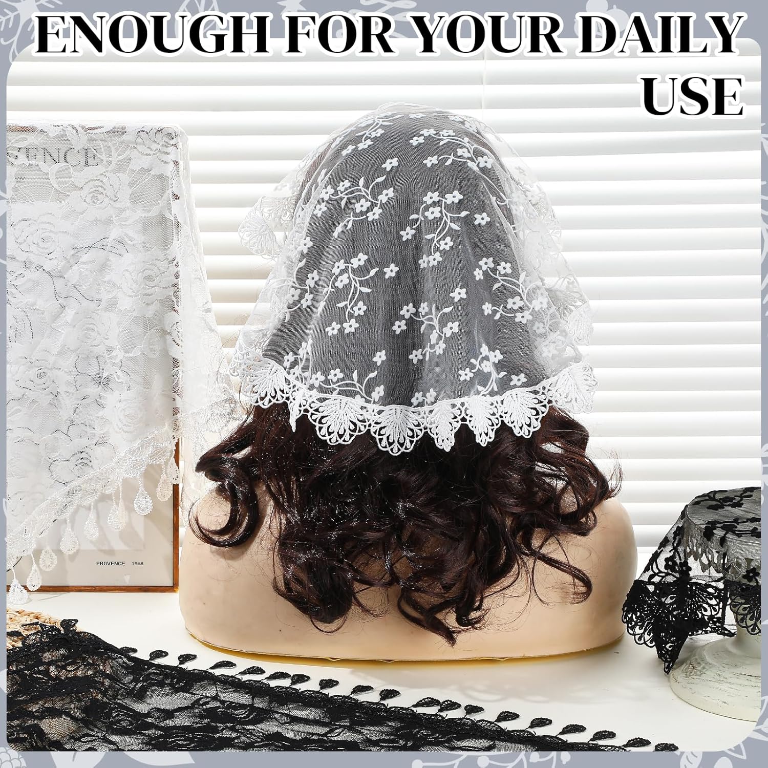 JATEBI 4 Pcs Retro Lace Veil Triangle Round Head Coverings for Women Mantilla Latin Mass Head Covering Lace Shawl for Bridal Wedding Party Costume Cosplay - Image 6