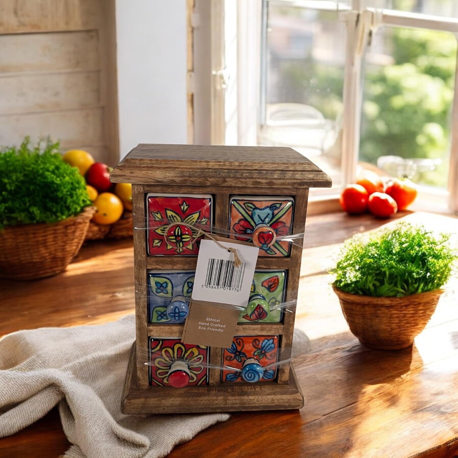 Terrapin Trading Fair Trade Handmade 6 Drawer Indian Ceramic Storage Chest Mango Wood 18x10x25cm