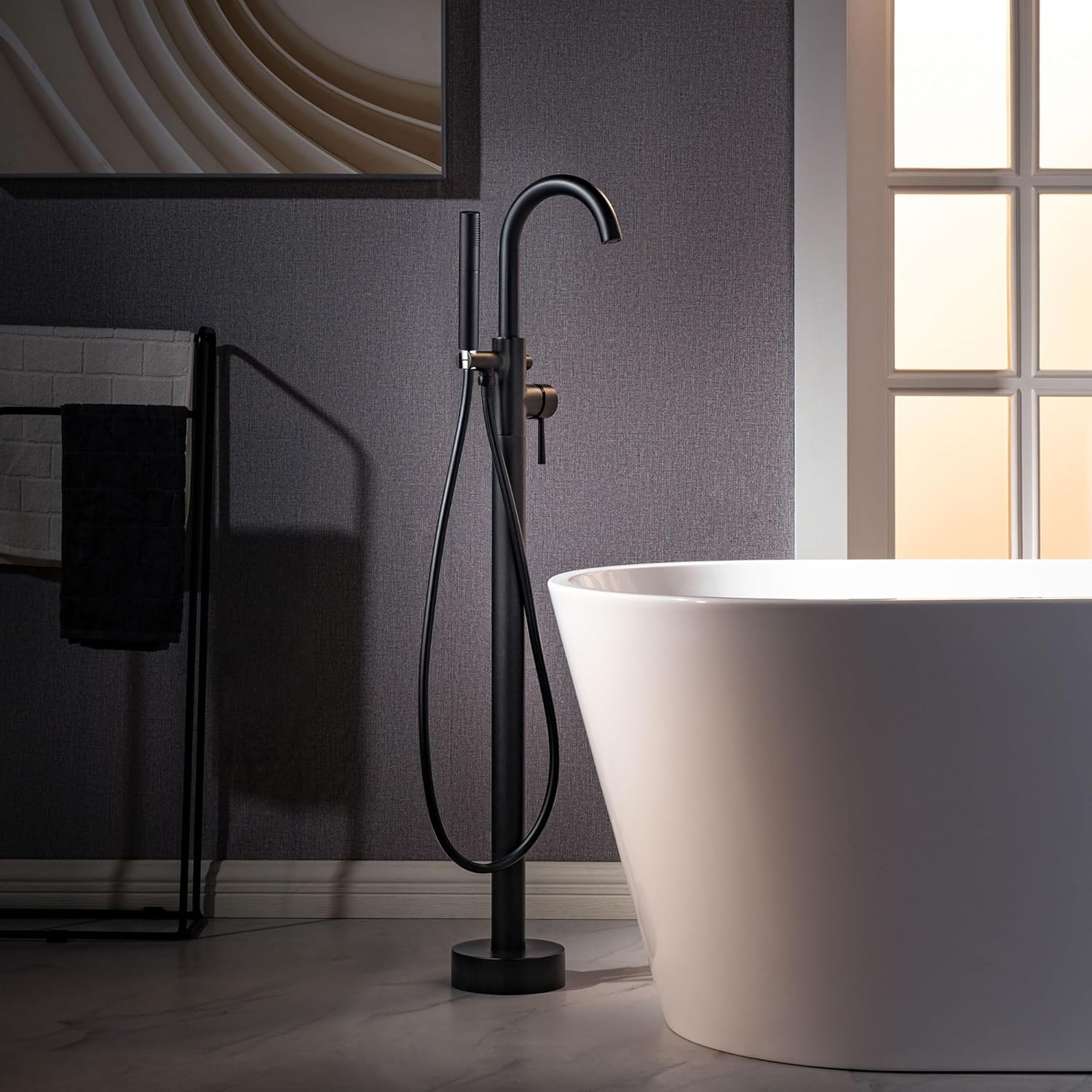 WOODBRIDGE Contemporary Single Handle Floor Mount Freestanding Tub Filler Faucet with 2 Function Cylinder Style Hand Shower in Matte Black Finish,F0025DRMB