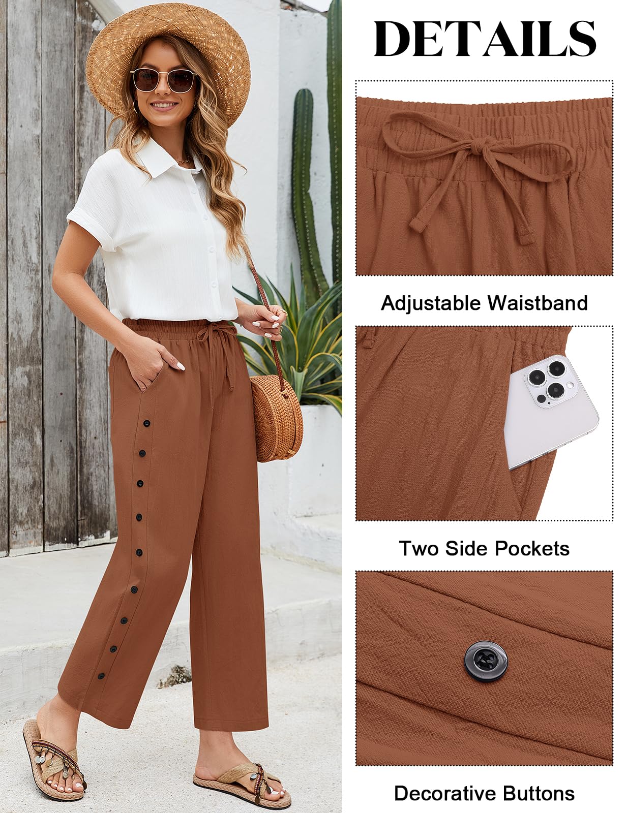Voqeen Pantalones Verano Mujer Frescos Elástico Casuales Pantalón Anchos de Algodón Ligeros y Cómodos Pantalones Largo con Bolsillos Cordón 7/8 Pantalón de Playa Cintura Alta Suelto