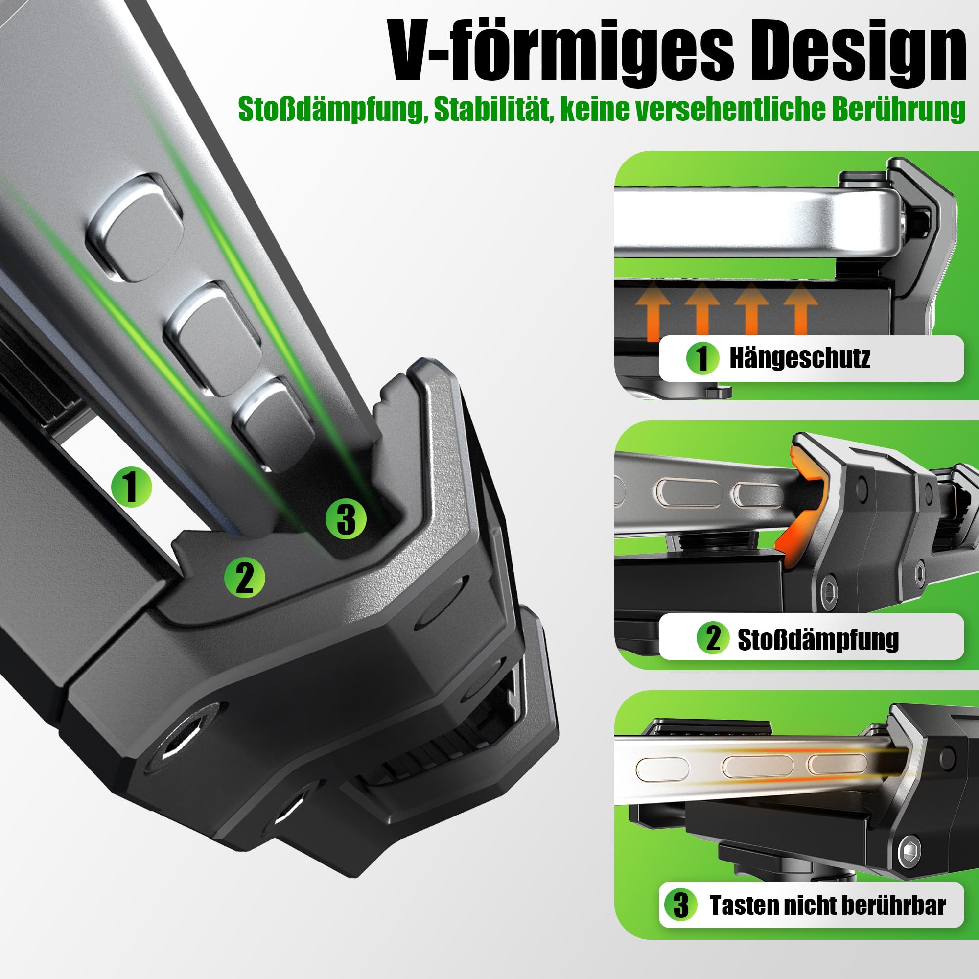 RBRL Fahrrad Handyhalterung Ebike, 1s Schnellspanner Lenker Handyhalter, CNC Aluminium für maximale Stabilität, Anti-Vibrations V-Klemme für Fahrrad, keine Kamera-Blockierung, 4,7–7,2 Zoll Smartphones