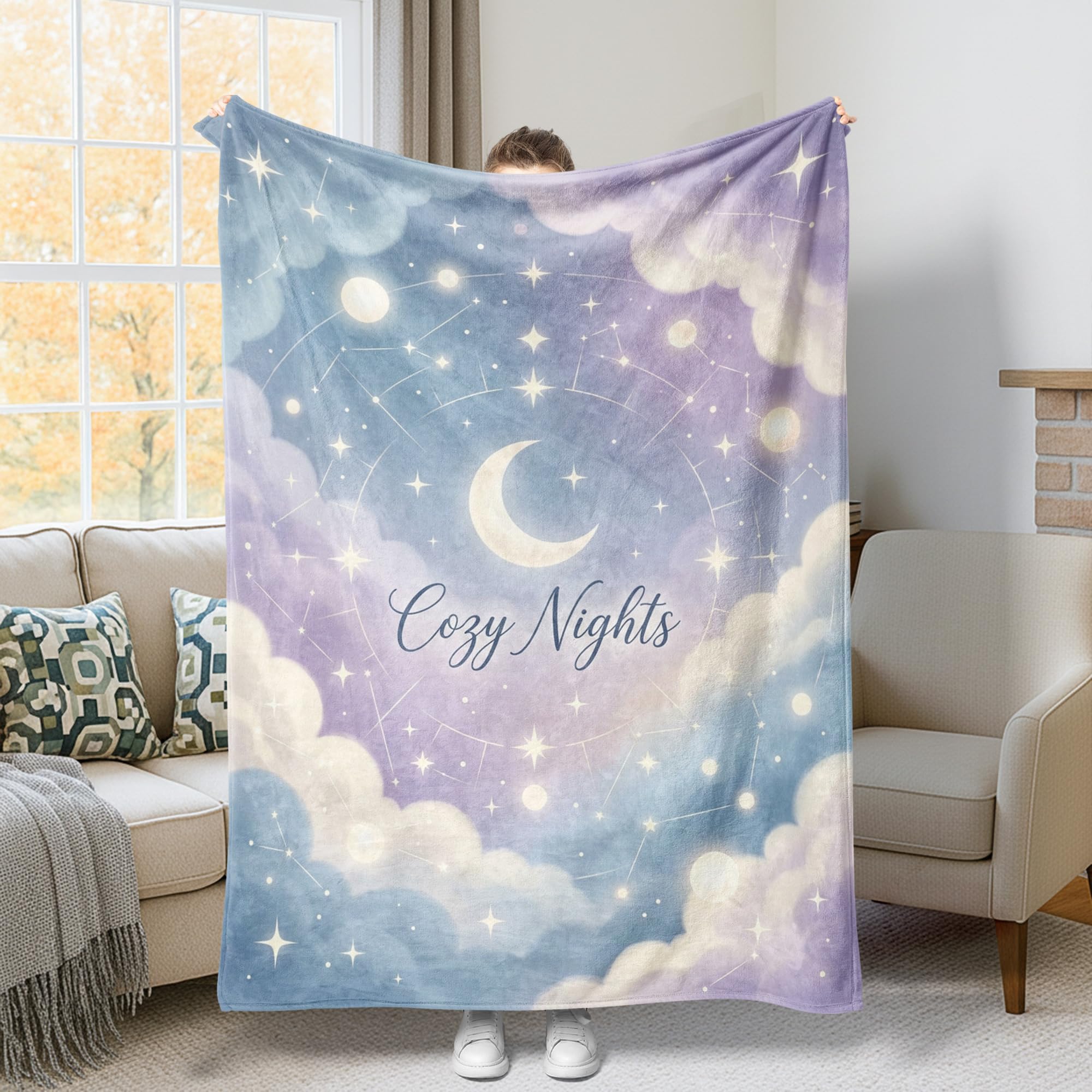 Couverture en molleton doux haut de gamme motif lune et étoiles