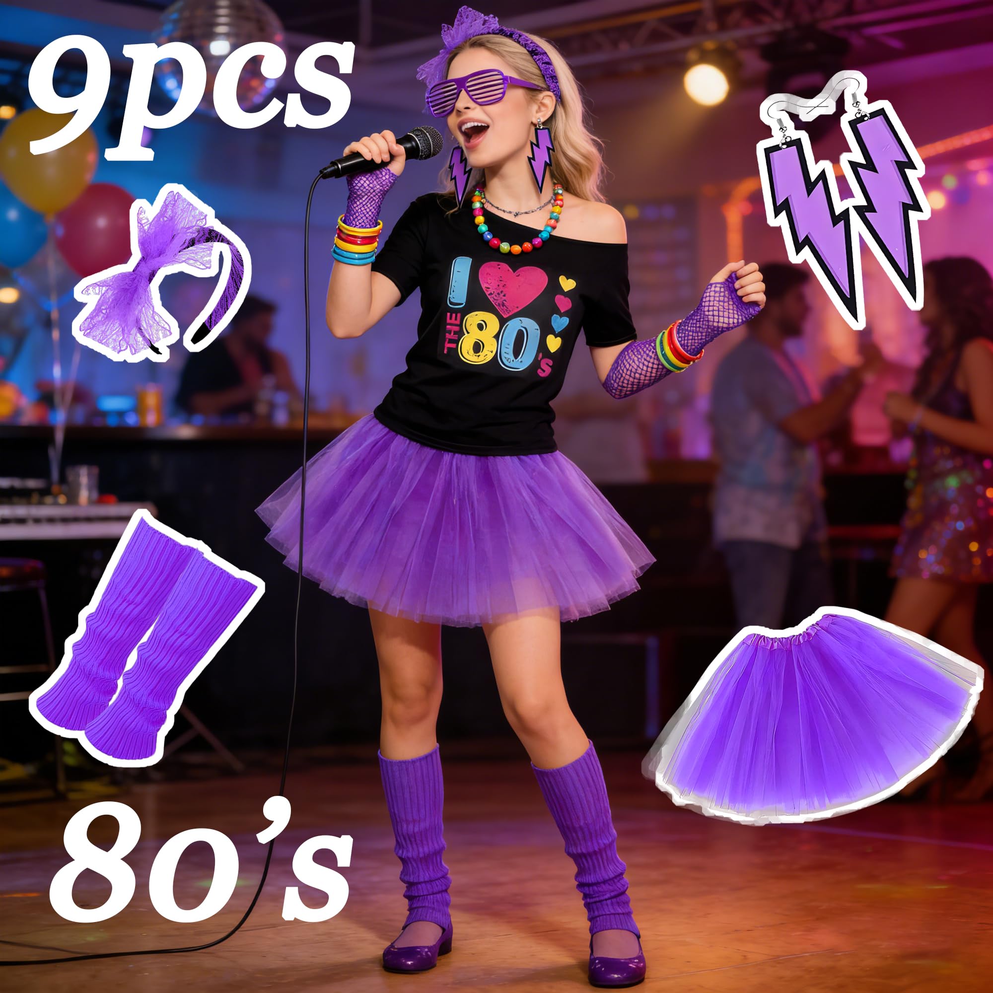 MOSNOW 9pcs Purple 80s Costume Set for Women - Complete Tutu Skirt & Neon Accessories - Image 4