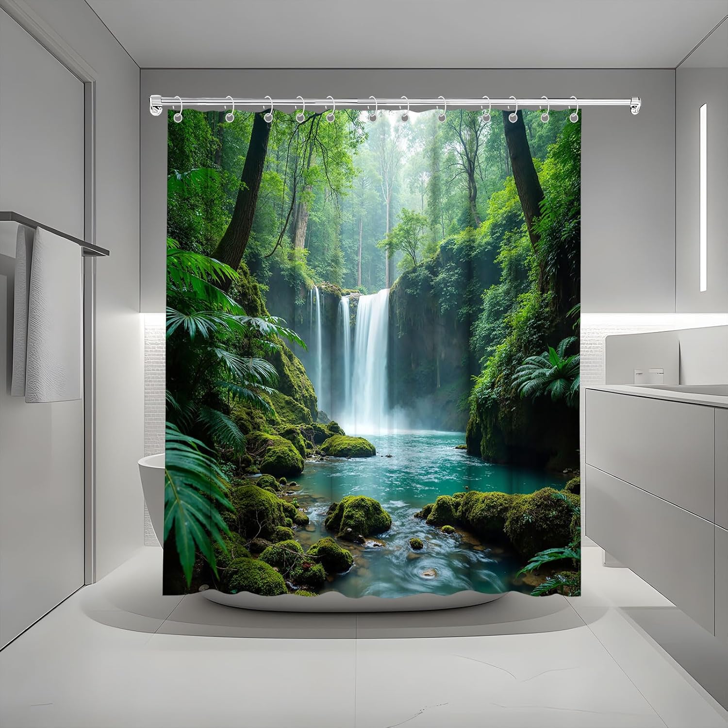 Forest Waterfall Shower Curtain Tropical Nature Green Tree Mountain Misty Jungle Rainforest Natural Scenery Landscape Bath Curtain Fabric Bathroom Accessories Decor with Hooks 70W x90L
