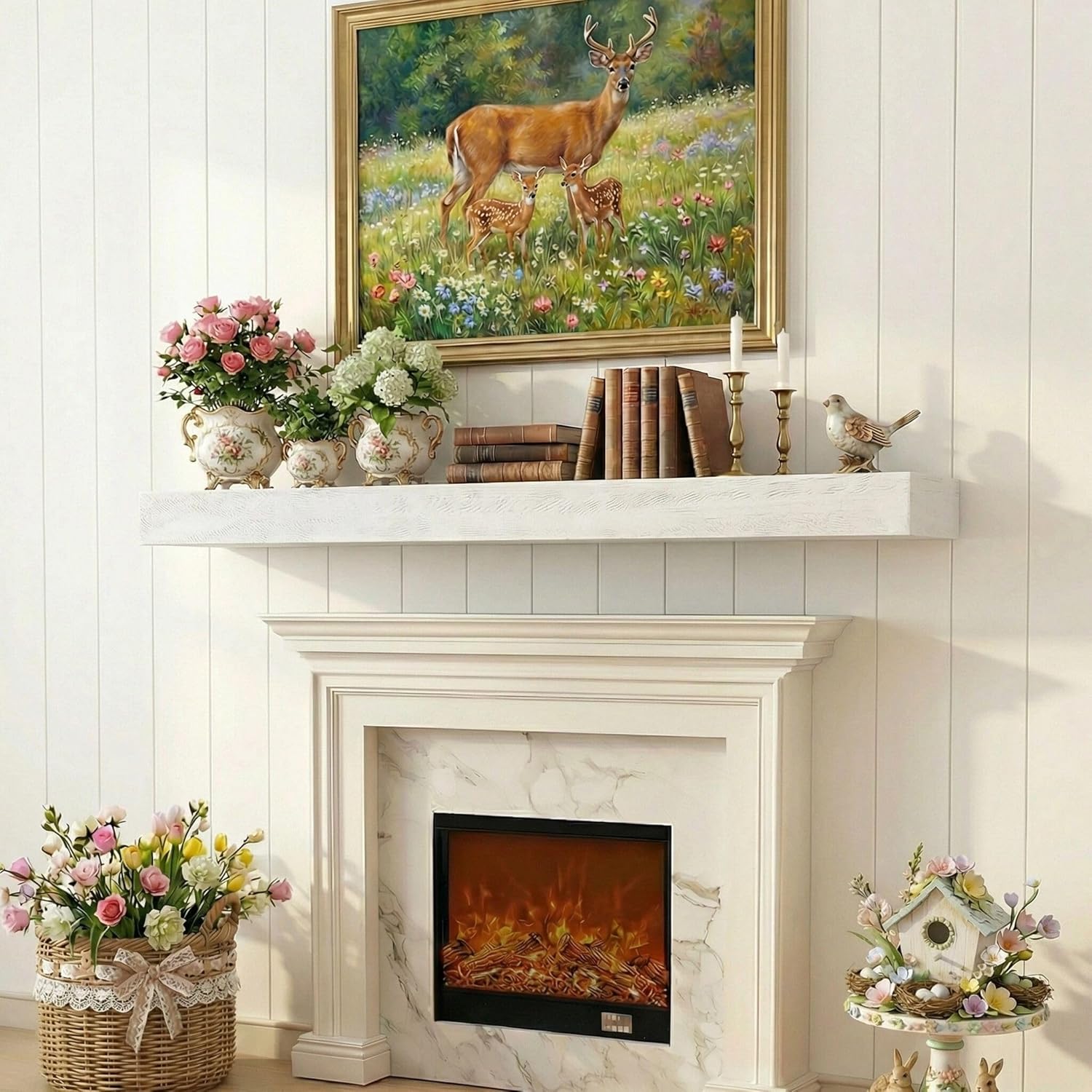 60 Inch Solid Wood Fireplace Mantel Shelf - 110 LBS Capacity, Easy to Install | Modern Farmhouse Floating Shelf with Hidden Brackets, Water-Resistant Classic White for Living Room, Kitchen