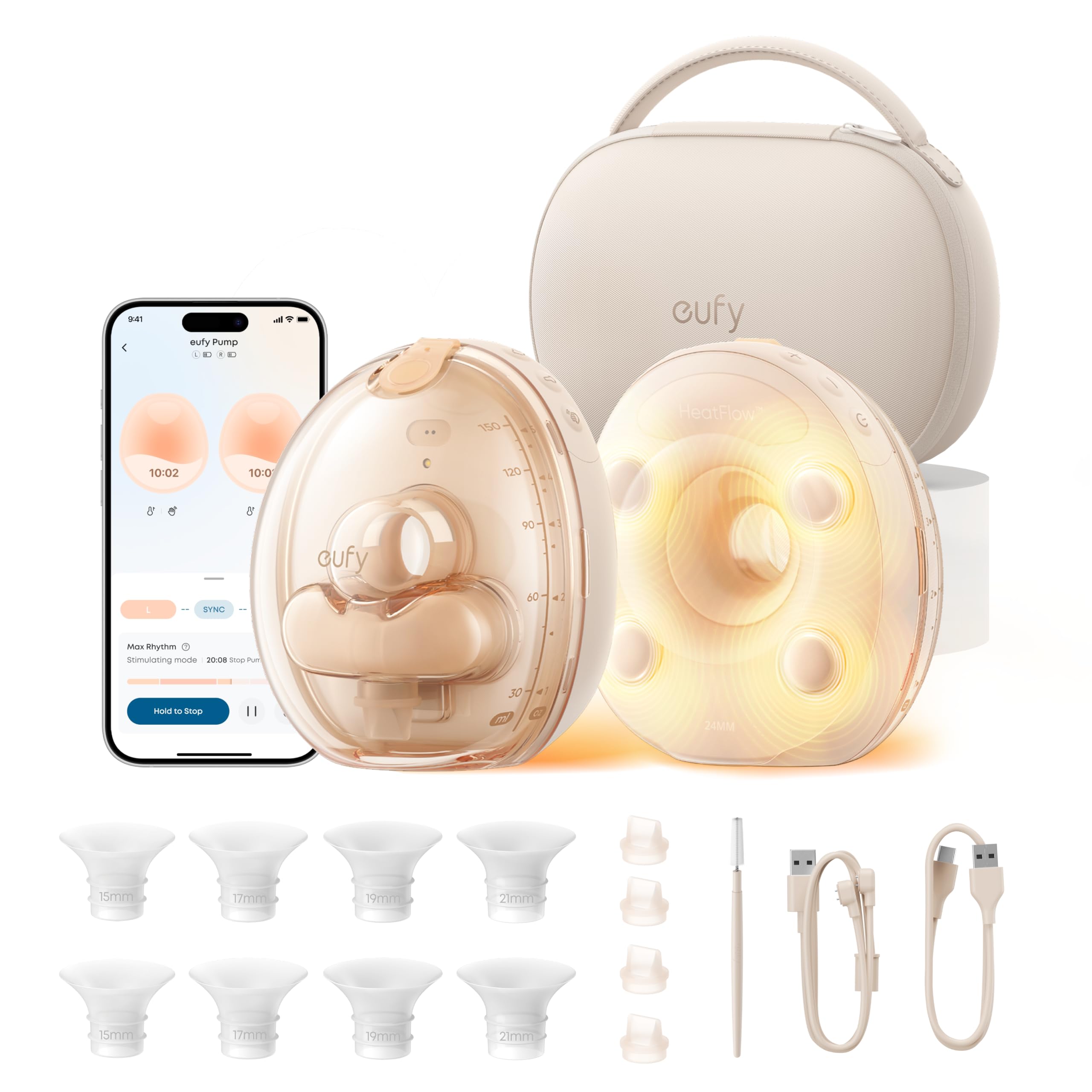 eufy Heated Massage Wearable Breast Pump S2 Pro, Charging Case | HeatFlow 2.0, VibraPump Massage, Nipple Light, Full Milk Alert, 7-Day Battery, App DIY Rhythm, Double-Sealed Flange