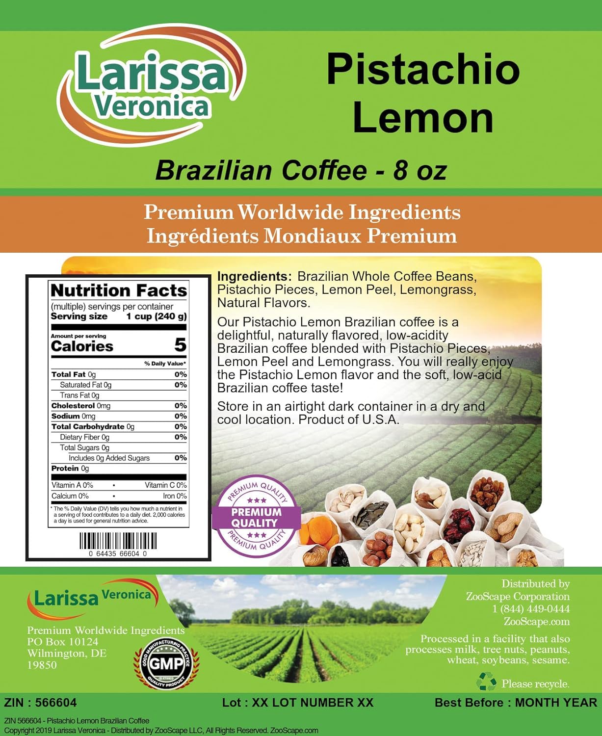Pistachio Lemon Brazilian Coffee (Gourmet, Naturally Flavored, Whole Coffee Beans) (8 oz, ZIN: 566604) - 2 Pack